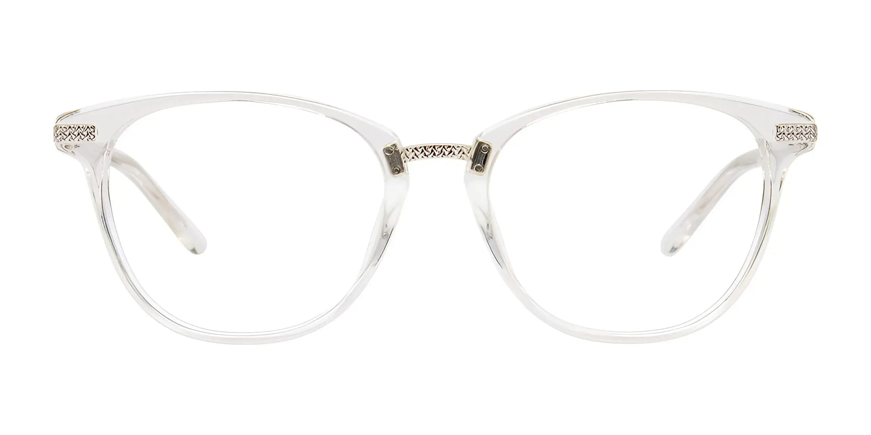 EasyClip EC576 eyeglasses by EasyClip feature a clear frame, subtle silver bridge, and decorative silver temple accents. Includes matching clip-on sunglasses. Size 51, front view. EasyClip EC576 eyeglasses by EasyClip feature a clear frame, subtle silver bridge, and decorative silver temple accents. Includes matching clip-on sunglasses. Size 51, front view.