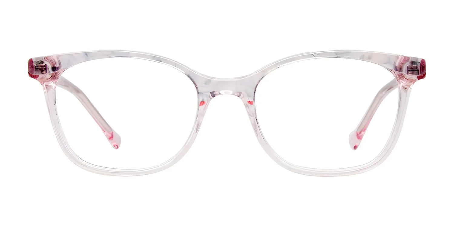 EasyClip EC577 Eyeglasses with Clip-on Sunglasses in size 48 by EasyClip, shown front-facing on a white background. Features clear frames with subtle pink temples and a convenient clip-on design. EasyClip EC577 Eyeglasses with Clip-on Sunglasses in size 48 by EasyClip, shown front-facing on a white background. Features clear frames with subtle pink temples and a convenient clip-on design.