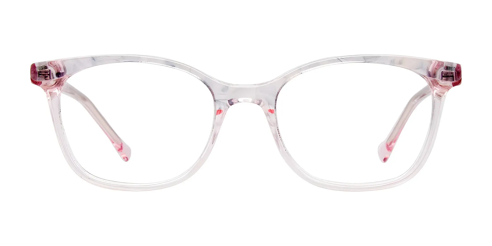 EasyClip EC577 Eyeglasses with Clip-on Sunglasses in size 48 by EasyClip, shown front-facing on a white background. Features clear frames with subtle pink temples and a convenient clip-on design. EasyClip EC577 Eyeglasses with Clip-on Sunglasses in size 48 by EasyClip, shown front-facing on a white background. Features clear frames with subtle pink temples and a convenient clip-on design.