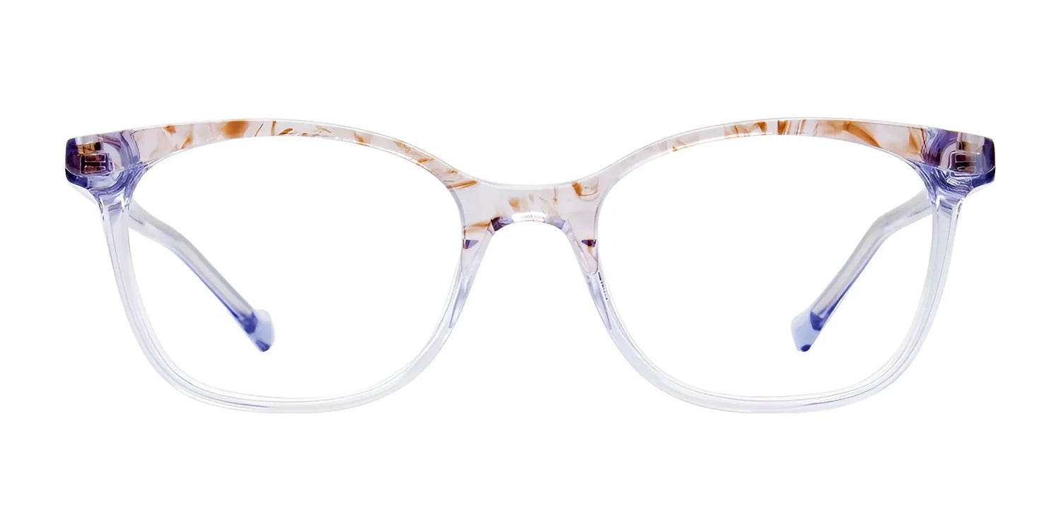 EasyClip EC577 clear eyeglasses with a subtle brown and blue frame pattern, featuring a convenient polarized clip-on sunglasses design. Shown on a white background. Size 48. EasyClip EC577 clear eyeglasses with a subtle brown and blue frame pattern, featuring a convenient polarized clip-on sunglasses design. Shown on a white background. Size 48.