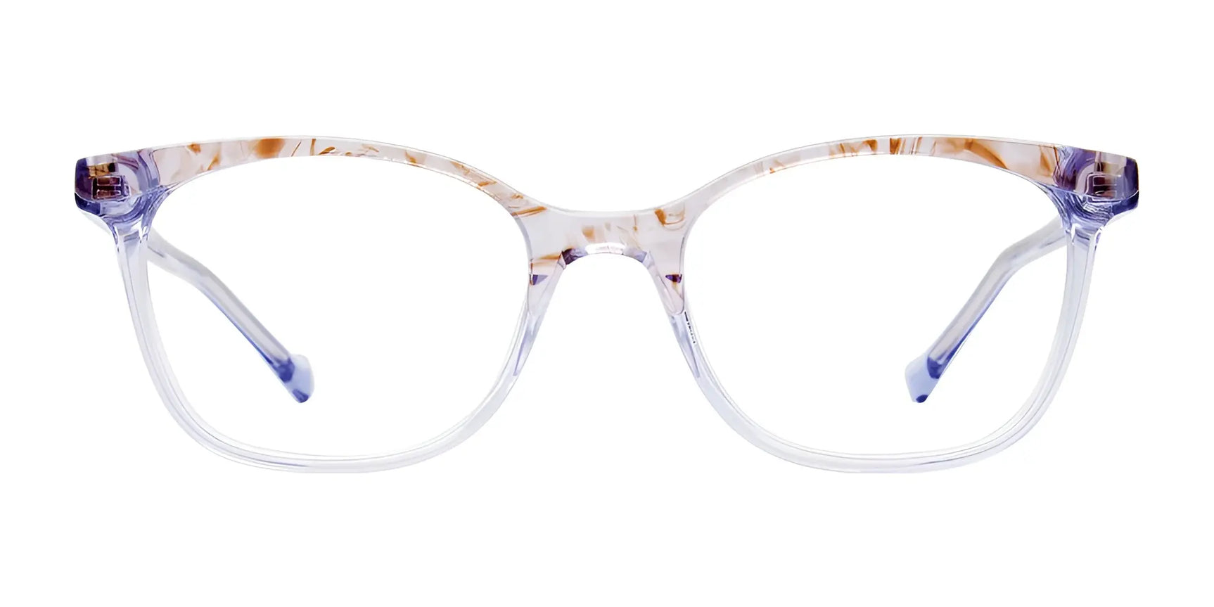 EasyClip EC577 clear eyeglasses with a subtle brown and blue frame pattern, featuring a convenient polarized clip-on sunglasses design. Shown on a white background. Size 48. EasyClip EC577 clear eyeglasses with a subtle brown and blue frame pattern, featuring a convenient polarized clip-on sunglasses design. Shown on a white background. Size 48.