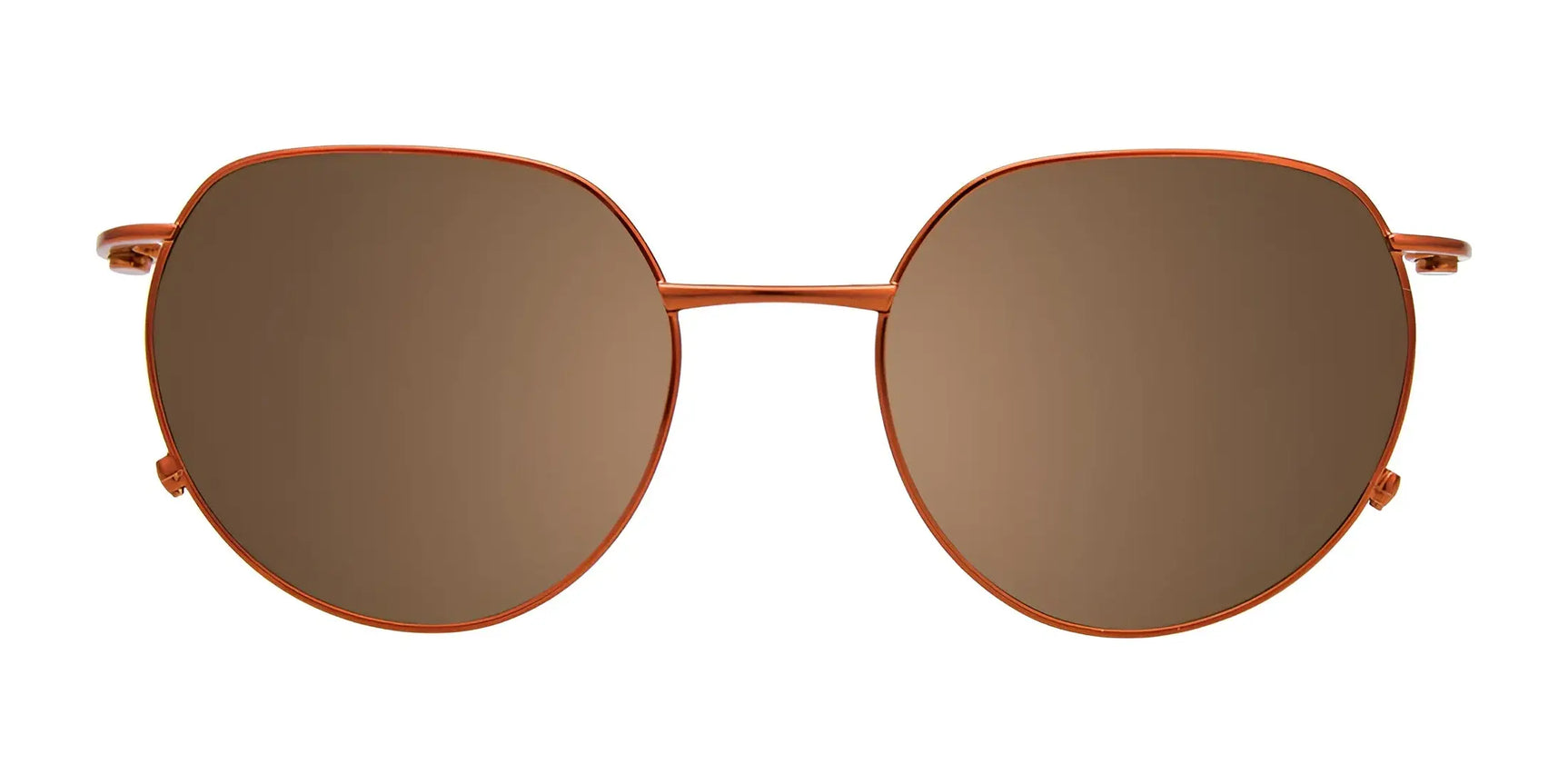 EasyClip EC578 Eyeglasses by EasyClip feature brown round clip-on sunglasses with a thin orange metal frame, shown from the front on a white background. These prescription-ready glasses offer convenience and style. EasyClip EC578 Eyeglasses by EasyClip feature brown round clip-on sunglasses with a thin orange metal frame, shown from the front on a white background. These prescription-ready glasses offer convenience and style.