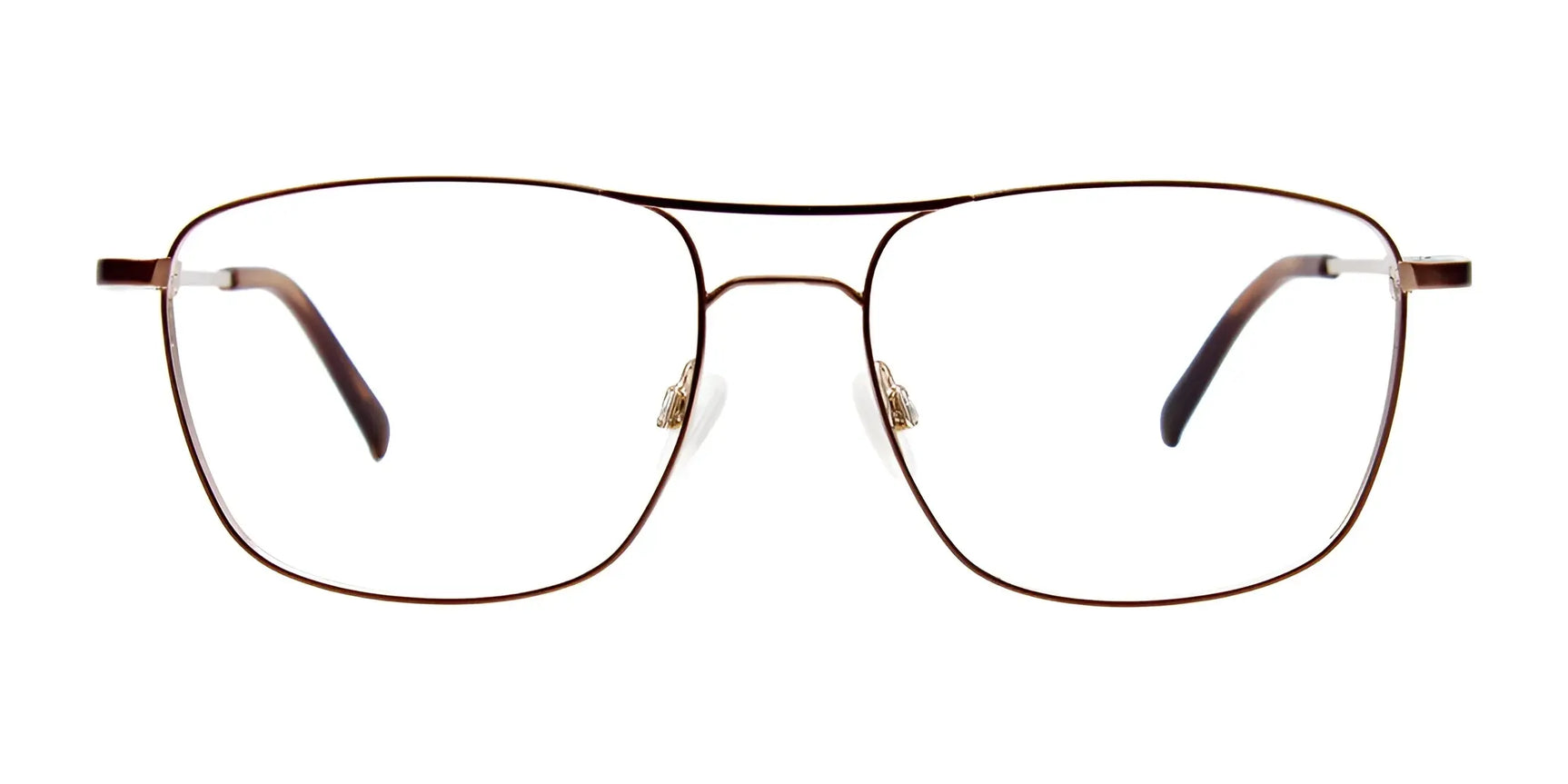 EasyClip EC579 Eyeglasses by EasyClip in brown metal, shown front view with clear lenses on a white background. Includes clip-on sunglasses for added versatility. Size 56. EasyClip EC579 Eyeglasses by EasyClip in brown metal, shown front view with clear lenses on a white background. Includes clip-on sunglasses for added versatility. Size 56.