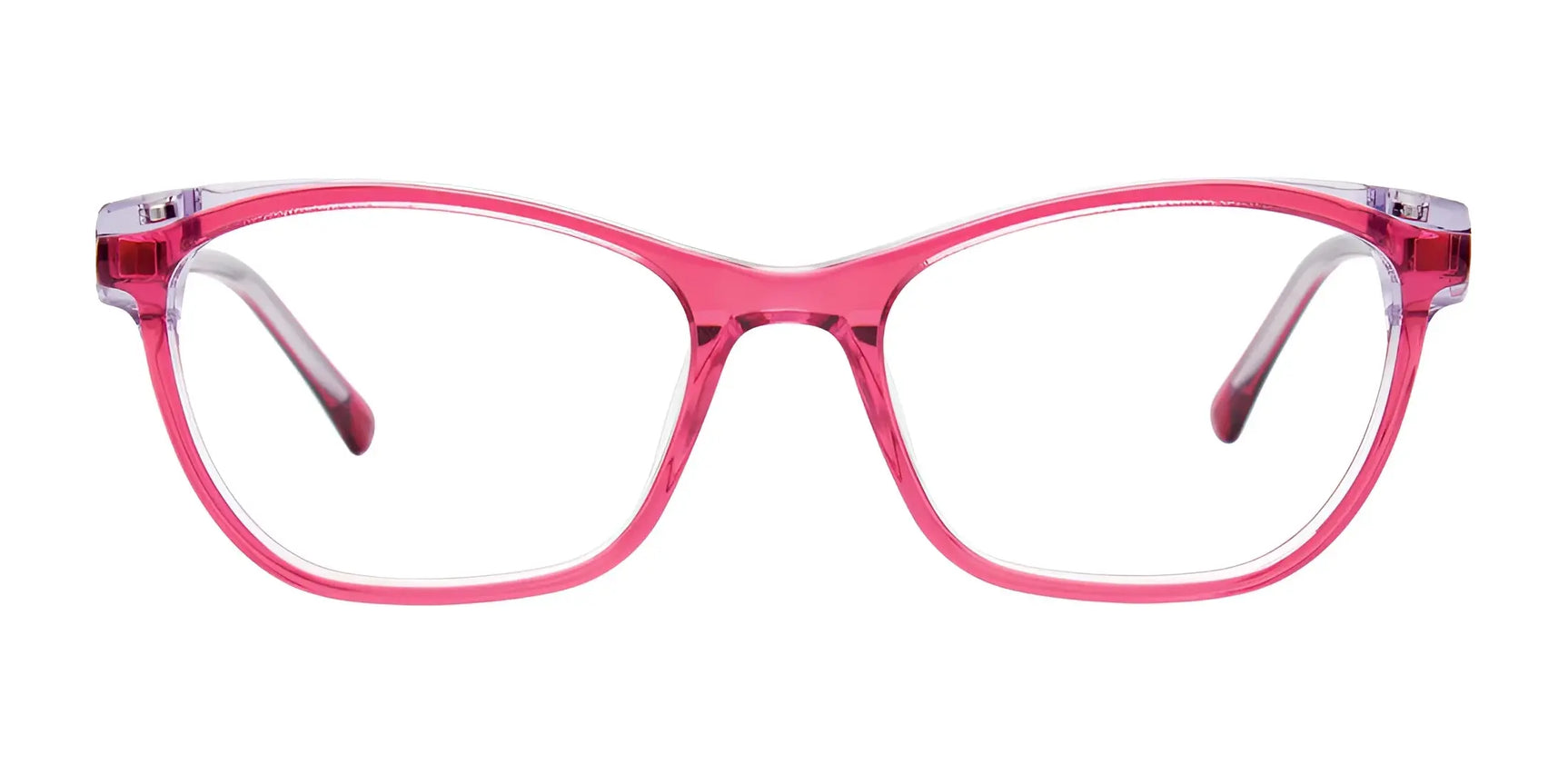 Pink rectangular EasyClip EC582 Eyeglasses with clear prescription lenses, size 48, by EasyClip, shown on a white background. Includes clip-on sunglasses. Pink rectangular EasyClip EC582 Eyeglasses with clear prescription lenses, size 48, by EasyClip, shown on a white background. Includes clip-on sunglasses.