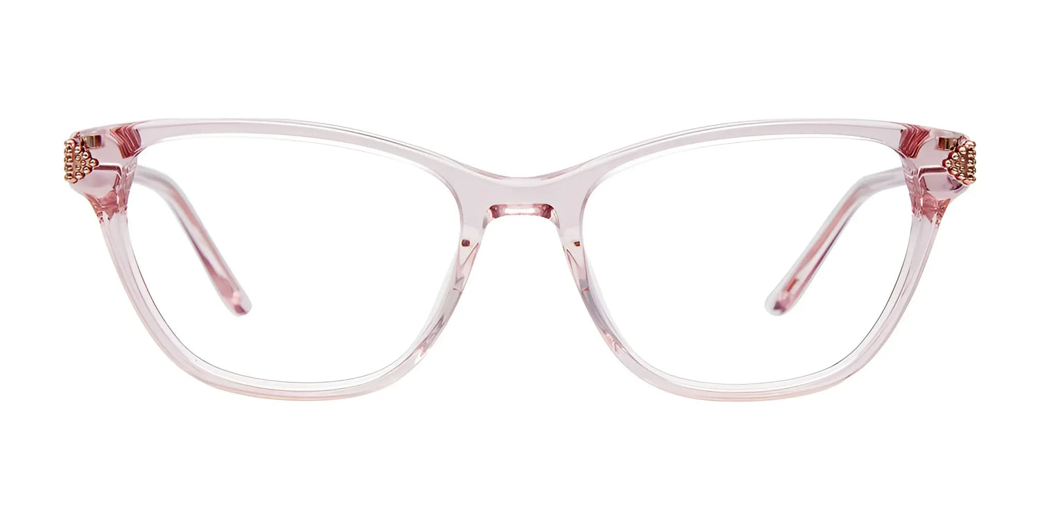 EasyClip EC584 Eyeglasses in clear pink feature gold accents on the hinges and are displayed front-facing against a white background. These size 52 glasses by EasyClip include compatible clip-on sunglasses for versatile wear. EasyClip EC584 Eyeglasses in clear pink feature gold accents on the hinges and are displayed front-facing against a white background. These size 52 glasses by EasyClip include compatible clip-on sunglasses for versatile wear.
