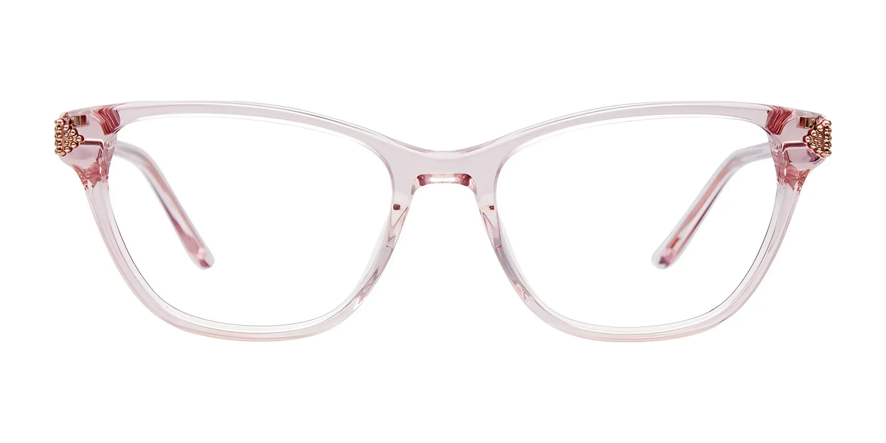 EasyClip EC584 Eyeglasses in clear pink feature gold accents on the hinges and are displayed front-facing against a white background. These size 52 glasses by EasyClip include compatible clip-on sunglasses for versatile wear. EasyClip EC584 Eyeglasses in clear pink feature gold accents on the hinges and are displayed front-facing against a white background. These size 52 glasses by EasyClip include compatible clip-on sunglasses for versatile wear.