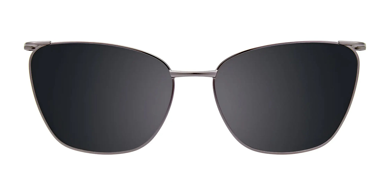 EasyClip EC584 Eyeglasses with Clip-on Sunglasses by EasyClip, size 52, featuring thin metal frames in a black cat-eye style, displayed on a white background. EasyClip EC584 Eyeglasses with Clip-on Sunglasses by EasyClip, size 52, featuring thin metal frames in a black cat-eye style, displayed on a white background.