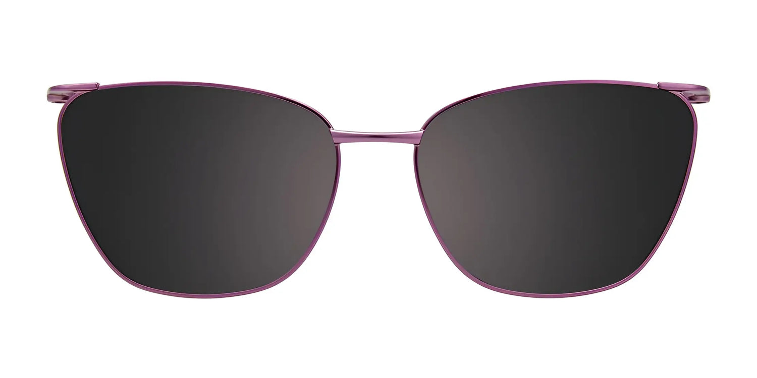 Front view of EasyClip EC584 eyeglasses (size 52) with a clip-on featuring polarized black lenses and thin purple metal frames, shown on a white background. Front view of EasyClip EC584 eyeglasses (size 52) with a clip-on featuring polarized black lenses and thin purple metal frames, shown on a white background.