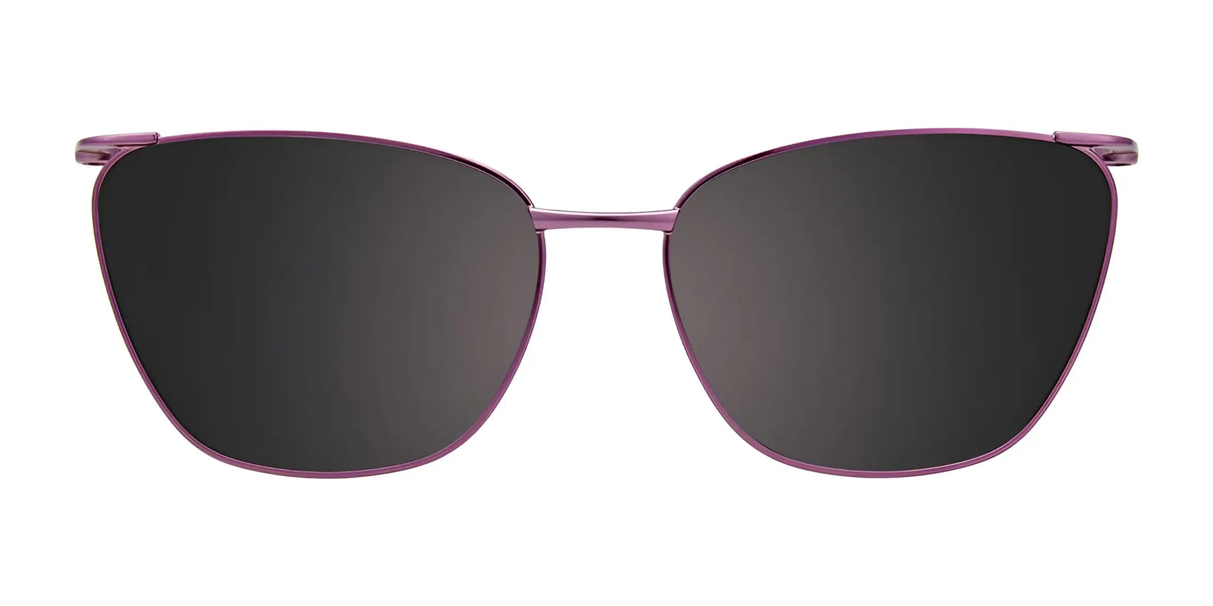Front view of EasyClip EC584 eyeglasses (size 52) with a clip-on featuring polarized black lenses and thin purple metal frames, shown on a white background. Front view of EasyClip EC584 eyeglasses (size 52) with a clip-on featuring polarized black lenses and thin purple metal frames, shown on a white background.