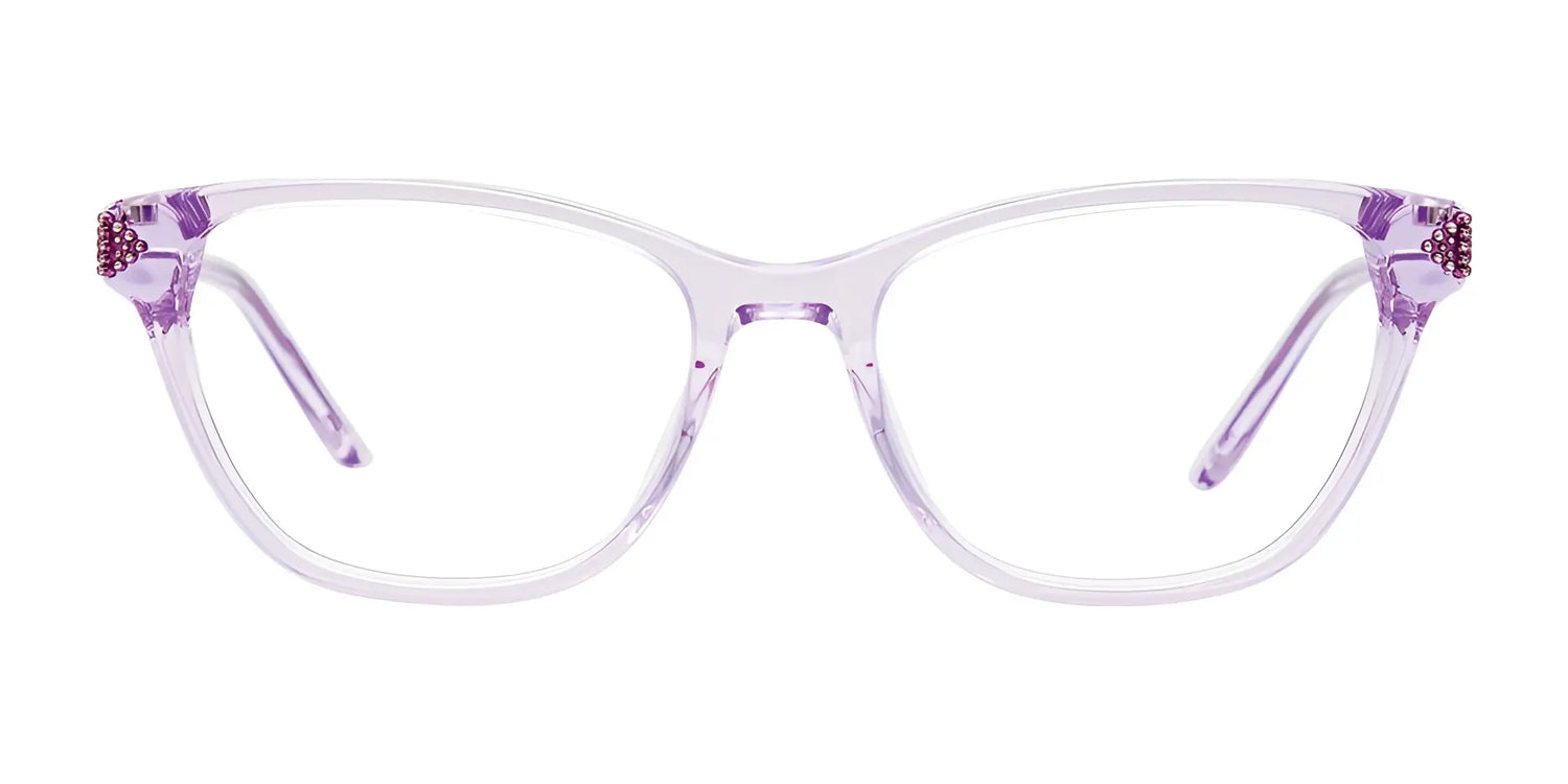 EasyClip EC584 Eyeglasses by EasyClip in clear purple feature jeweled hinge accents and come with clip-on sunglasses for versatility, shown on a white background. Size 52. EasyClip EC584 Eyeglasses by EasyClip in clear purple feature jeweled hinge accents and come with clip-on sunglasses for versatility, shown on a white background. Size 52.