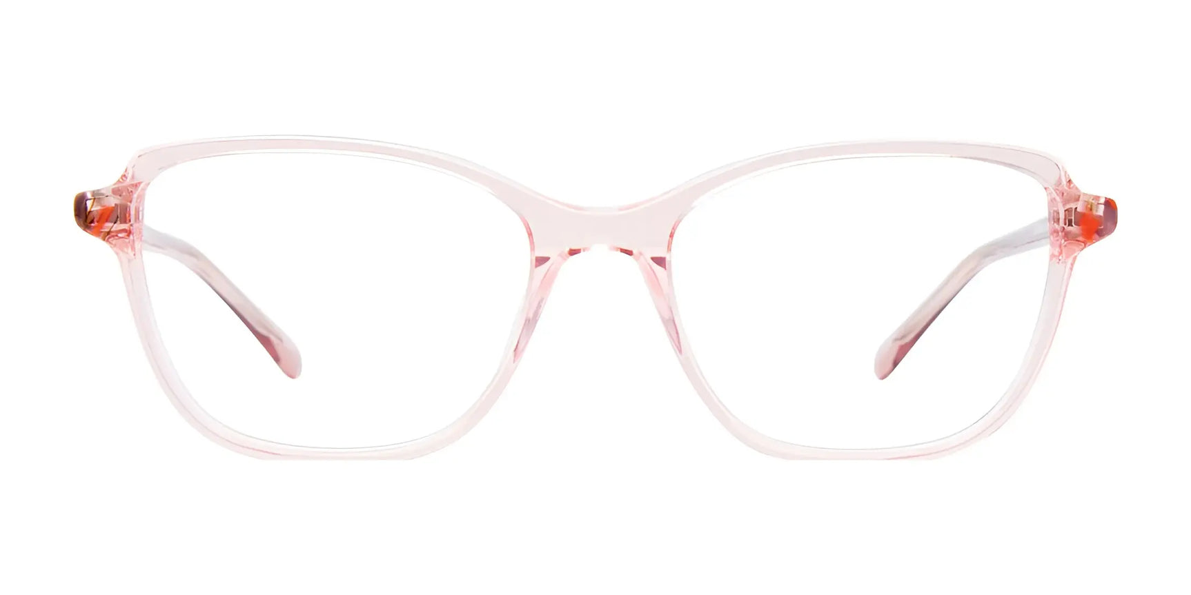 EasyClip EC585 Eyeglasses with Clip-on Sunglasses, Size 54, by EasyClip feature clear pink rectangular frames and a transparent design, shown on a white background. Easily attach the included clip-on sunglasses for versatile style. EasyClip EC585 Eyeglasses with Clip-on Sunglasses, Size 54, by EasyClip feature clear pink rectangular frames and a transparent design, shown on a white background. Easily attach the included clip-on sunglasses for versatile style.