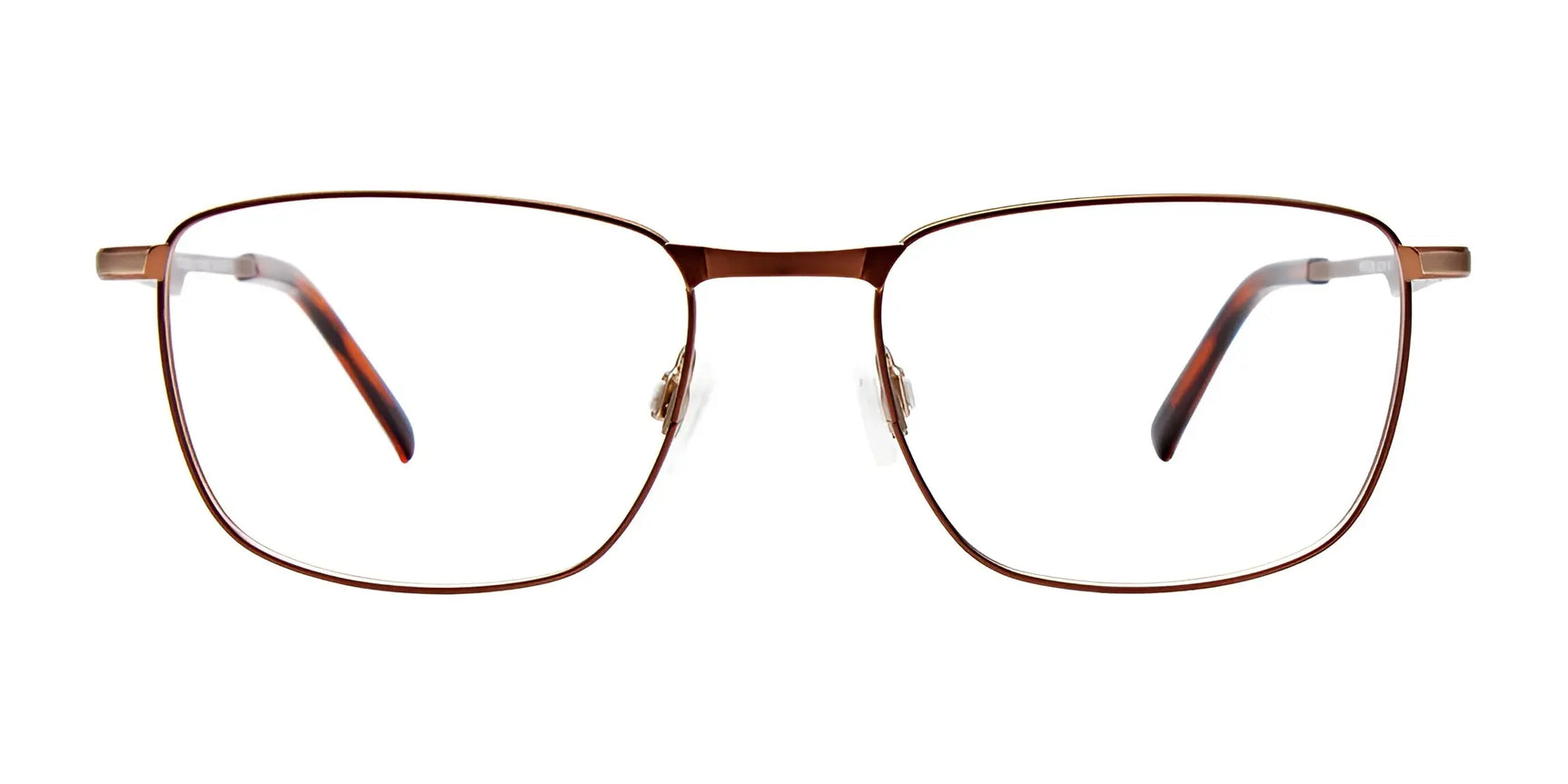 EasyClip EC588 Eyeglasses by EasyClip feature brown metal rectangular frames with thin rims and slightly curved temples, plus a convenient clip-on sunglasses design. Shown in size 53 on a white background. EasyClip EC588 Eyeglasses by EasyClip feature brown metal rectangular frames with thin rims and slightly curved temples, plus a convenient clip-on sunglasses design. Shown in size 53 on a white background.