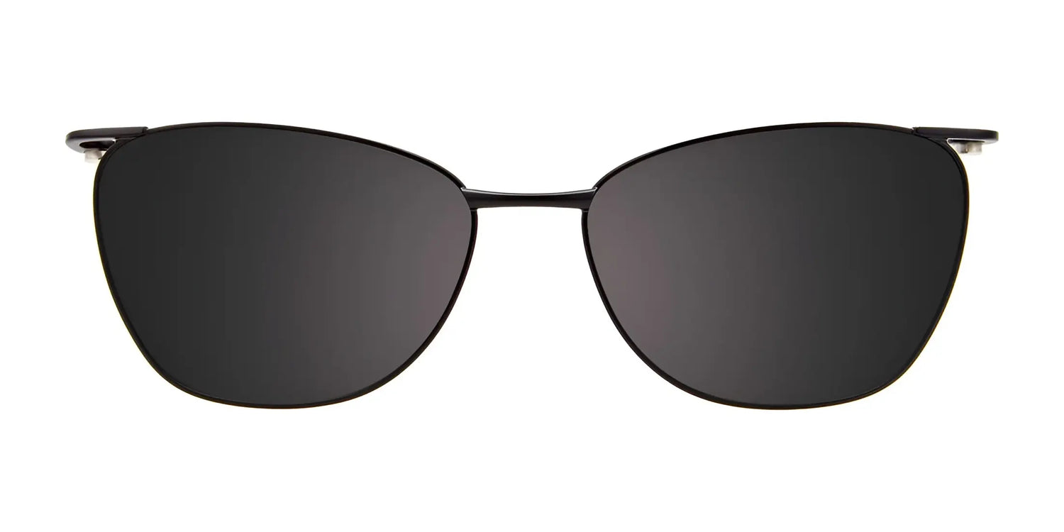 EasyClip EC591 Eyeglasses with Clip-on Sunglasses by EasyClip (Size 52) shown with black cat-eye polarized clip-on lenses and thin metal frames on a white background. EasyClip EC591 Eyeglasses with Clip-on Sunglasses by EasyClip (Size 52) shown with black cat-eye polarized clip-on lenses and thin metal frames on a white background.