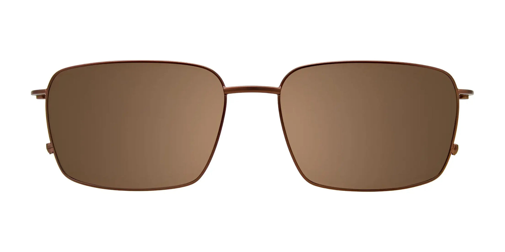 EasyClip EC596 eyeglasses by EasyClip with rectangular thin metal frames and brown polarized clip-on sunglasses, shown from the front on a white background. EasyClip EC596 eyeglasses by EasyClip with rectangular thin metal frames and brown polarized clip-on sunglasses, shown from the front on a white background.