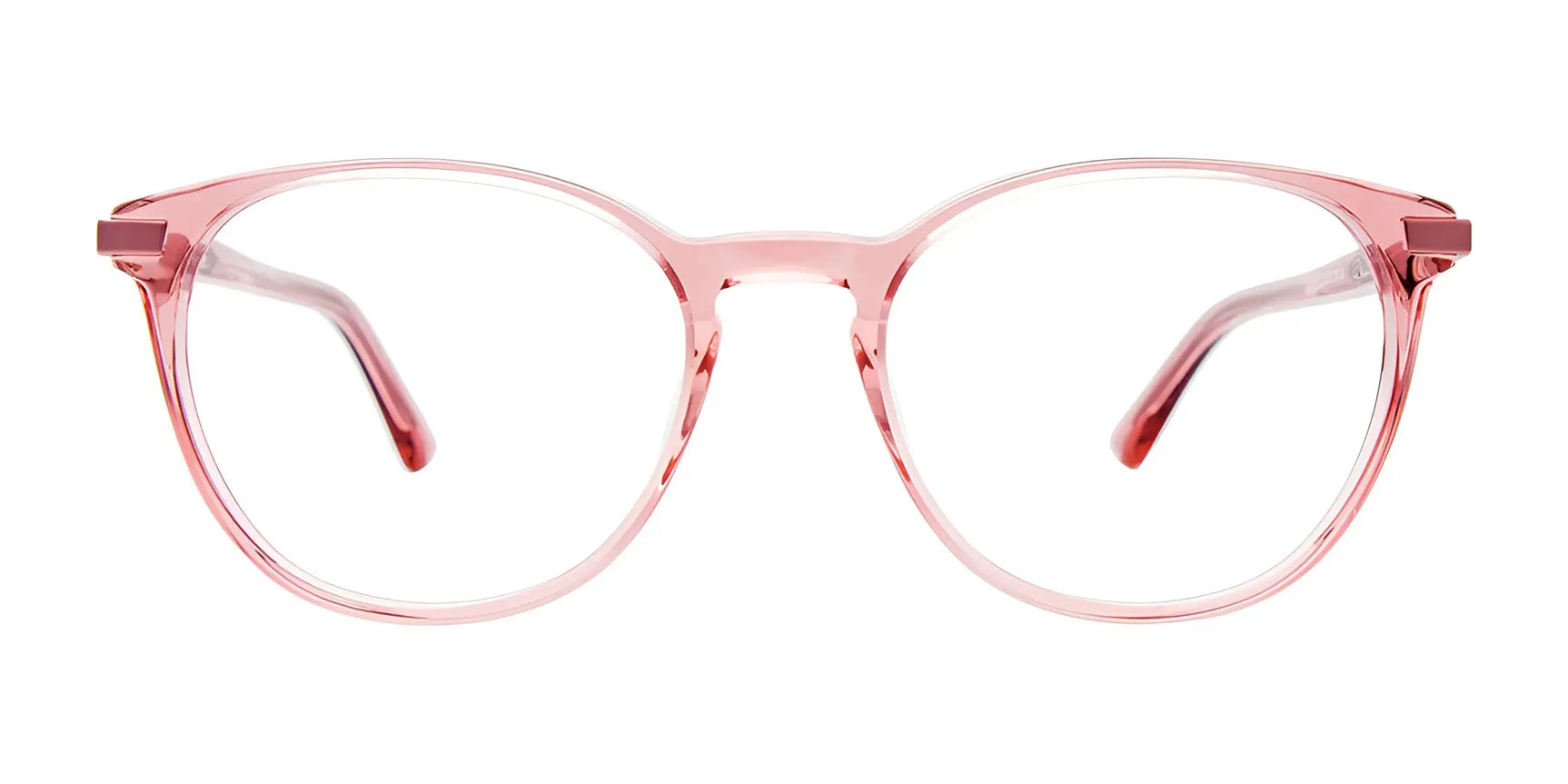 EasyClip EC601 Eyeglasses by EasyClip feature pink, round transparent frames with clear lenses, shown front-facing on a white background. Includes clip-on sunglasses for added convenience and versatility. EasyClip EC601 Eyeglasses by EasyClip feature pink, round transparent frames with clear lenses, shown front-facing on a white background. Includes clip-on sunglasses for added convenience and versatility.