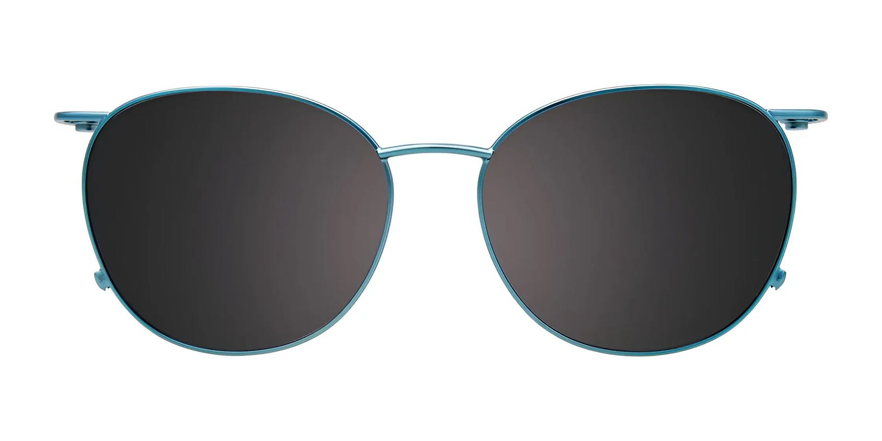 EasyClip EC601 Eyeglasses with Clip-on Sunglasses by EasyClip feature round frames in thin blue metal and black clip-on lenses, shown on a white background. EasyClip EC601 Eyeglasses with Clip-on Sunglasses by EasyClip feature round frames in thin blue metal and black clip-on lenses, shown on a white background.