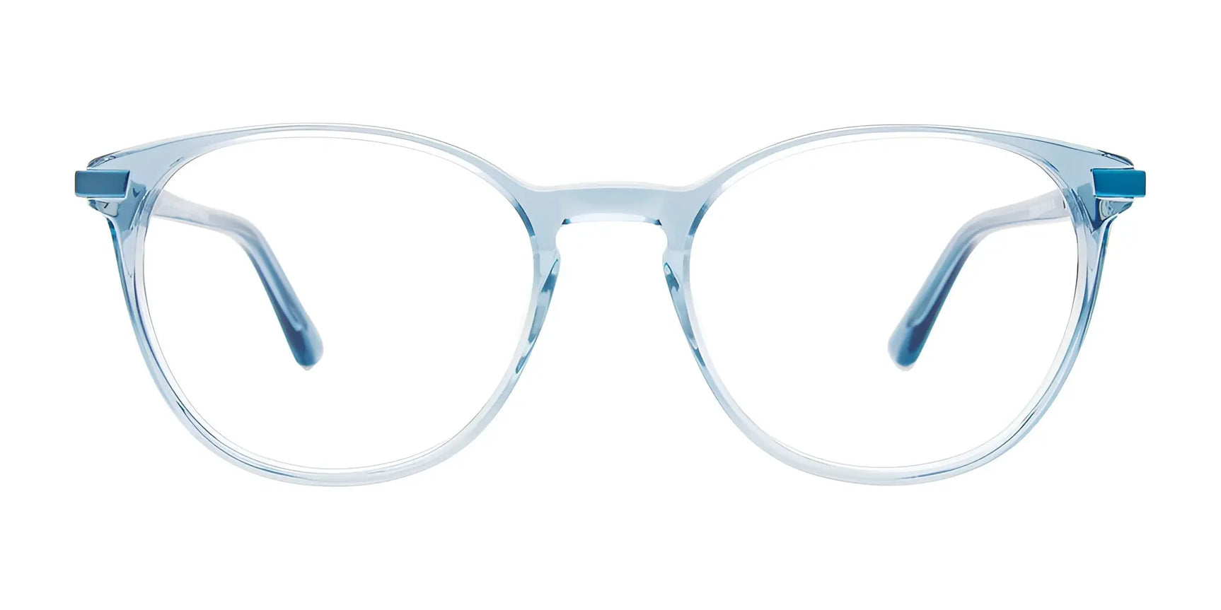 EasyClip EC601 eyeglasses by EasyClip feature clear blue round frames with thin, transparent temples, and include a matching clip-on for instant polarized sunglasses. Shown on a white background. EasyClip EC601 eyeglasses by EasyClip feature clear blue round frames with thin, transparent temples, and include a matching clip-on for instant polarized sunglasses. Shown on a white background.