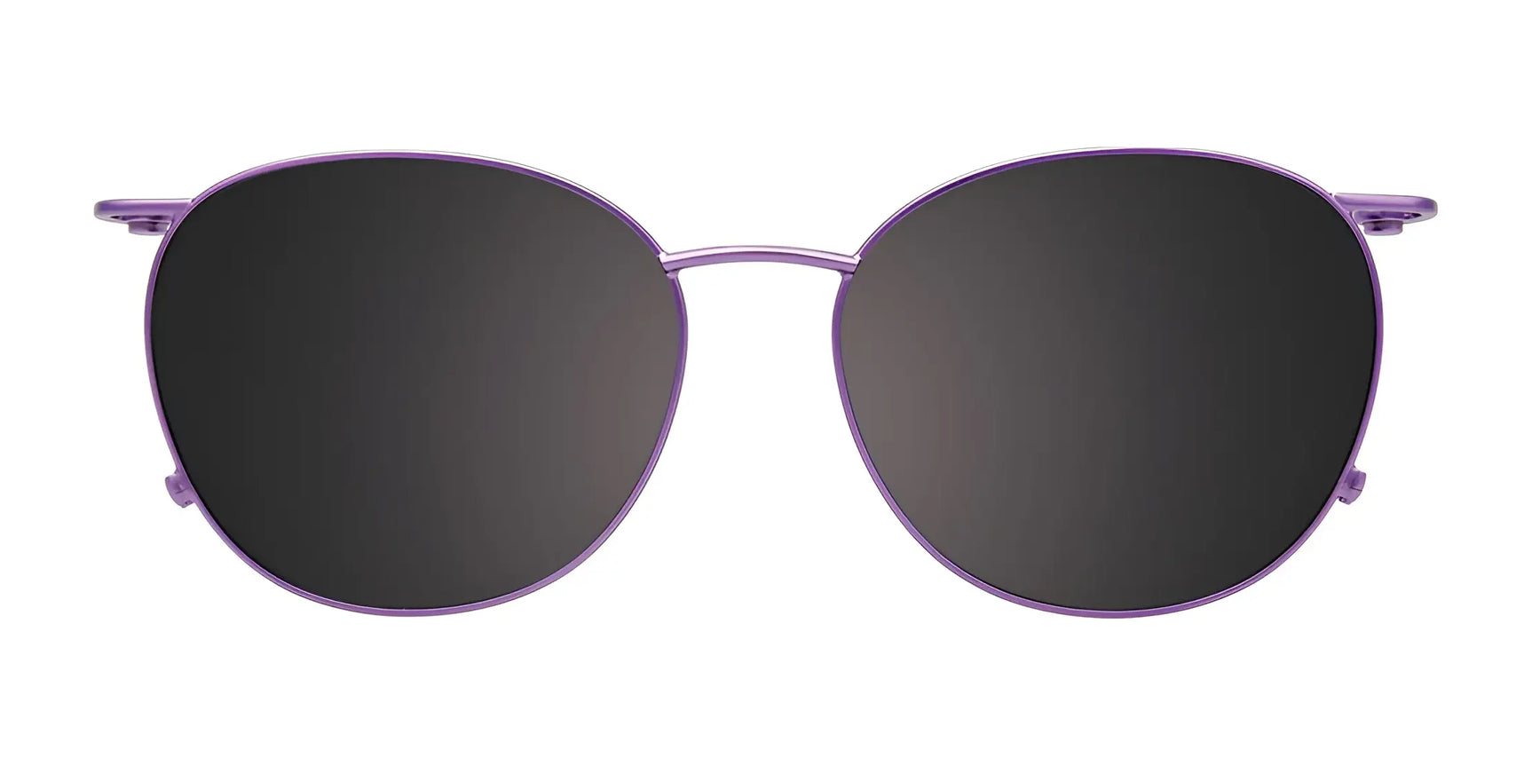 EasyClip EC601 eyeglasses with round black lenses and thin purple metal frames, shown from the front. Includes a convenient clip-on for stylish sun protection—perfect versatility from EasyClip. EasyClip EC601 eyeglasses with round black lenses and thin purple metal frames, shown from the front. Includes a convenient clip-on for stylish sun protection—perfect versatility from EasyClip.