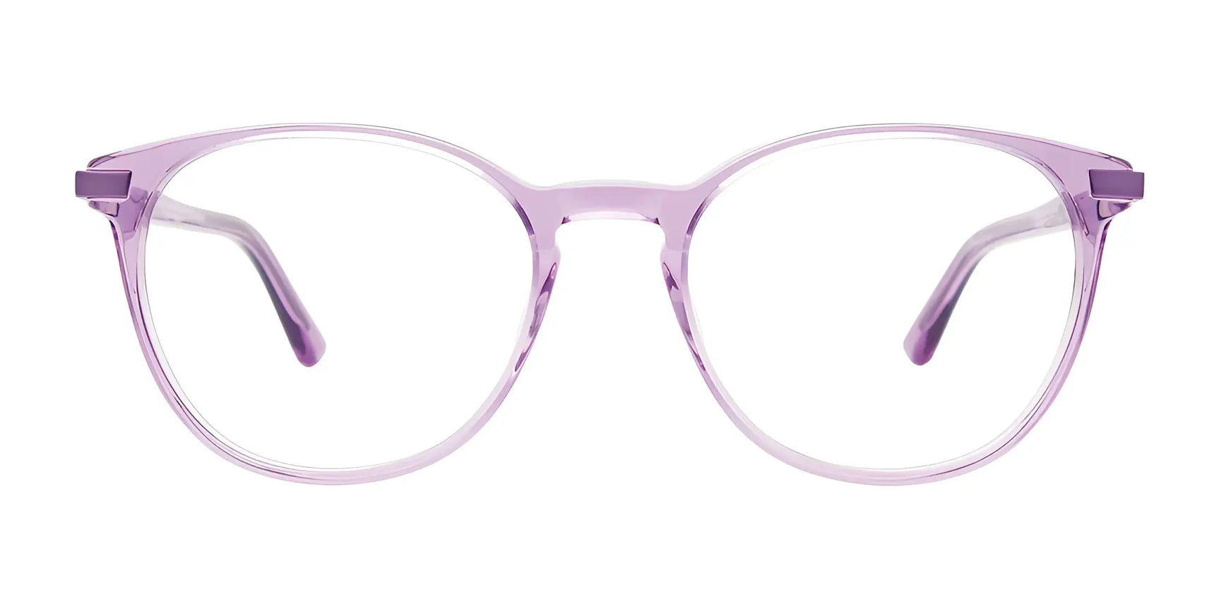 EasyClip EC601 Eyeglasses by EasyClip feature translucent purple round lenses and a thin plastic frame, shown on a white background. Includes a compatible clip-on sunglasses attachment for added versatility. EasyClip EC601 Eyeglasses by EasyClip feature translucent purple round lenses and a thin plastic frame, shown on a white background. Includes a compatible clip-on sunglasses attachment for added versatility.