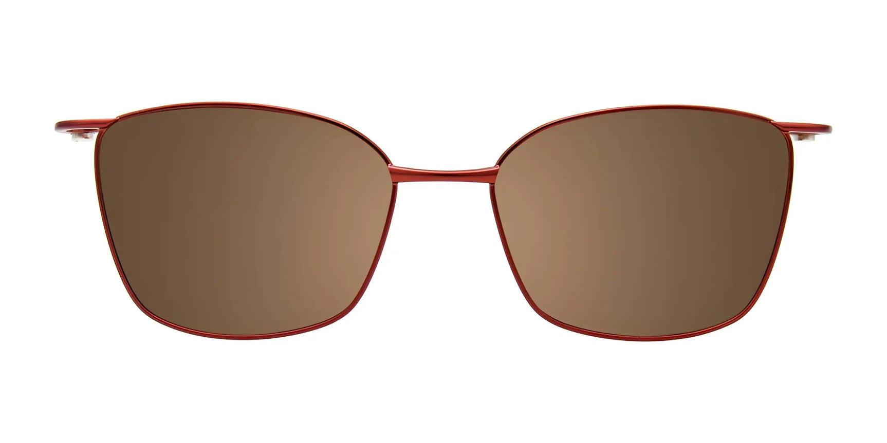 EasyClip EC604 Eyeglasses with Clip-on Sunglasses (Size 50) by EasyClip feature square brown lenses, a thin red metal frame, and a handy clip-on design, displayed on a white background. EasyClip EC604 Eyeglasses with Clip-on Sunglasses (Size 50) by EasyClip feature square brown lenses, a thin red metal frame, and a handy clip-on design, displayed on a white background.