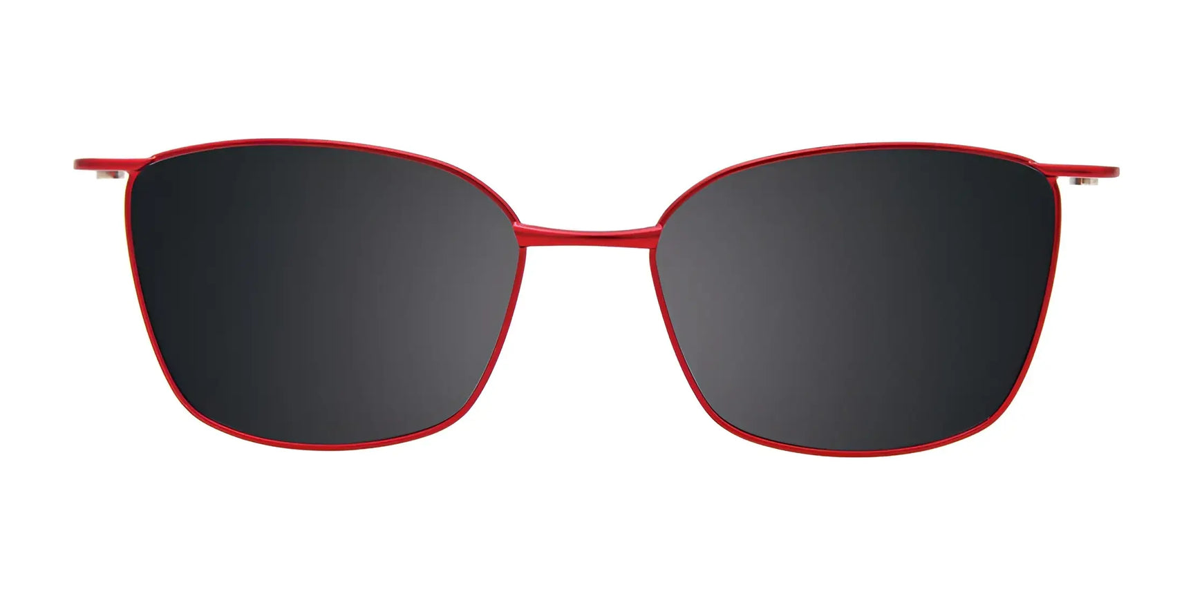 EasyClip EC604 Eyeglasses by EasyClip in size 50 feature a red-rimmed rectangular frame with dark lenses and a polarized clip-on for quick conversion to stylish sunglasses. EasyClip EC604 Eyeglasses by EasyClip in size 50 feature a red-rimmed rectangular frame with dark lenses and a polarized clip-on for quick conversion to stylish sunglasses.