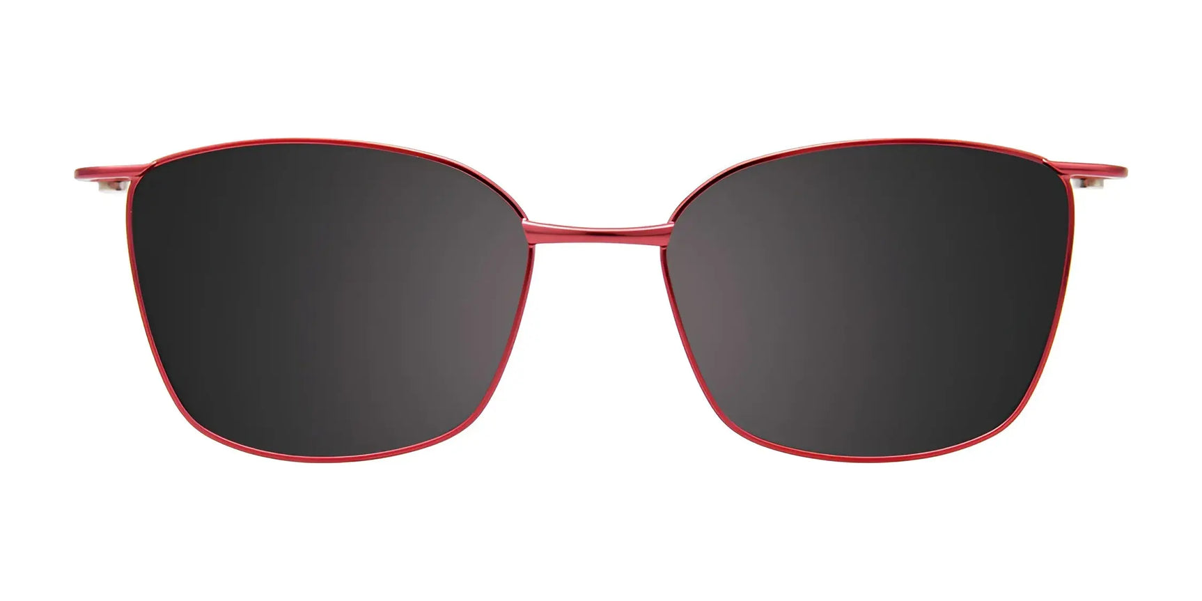 EasyClip EC604 Eyeglasses with red frames and dark rectangular clip-on polarized sunglasses, size 50—versatile style from EasyClip, shown on a white background. EasyClip EC604 Eyeglasses with red frames and dark rectangular clip-on polarized sunglasses, size 50—versatile style from EasyClip, shown on a white background.