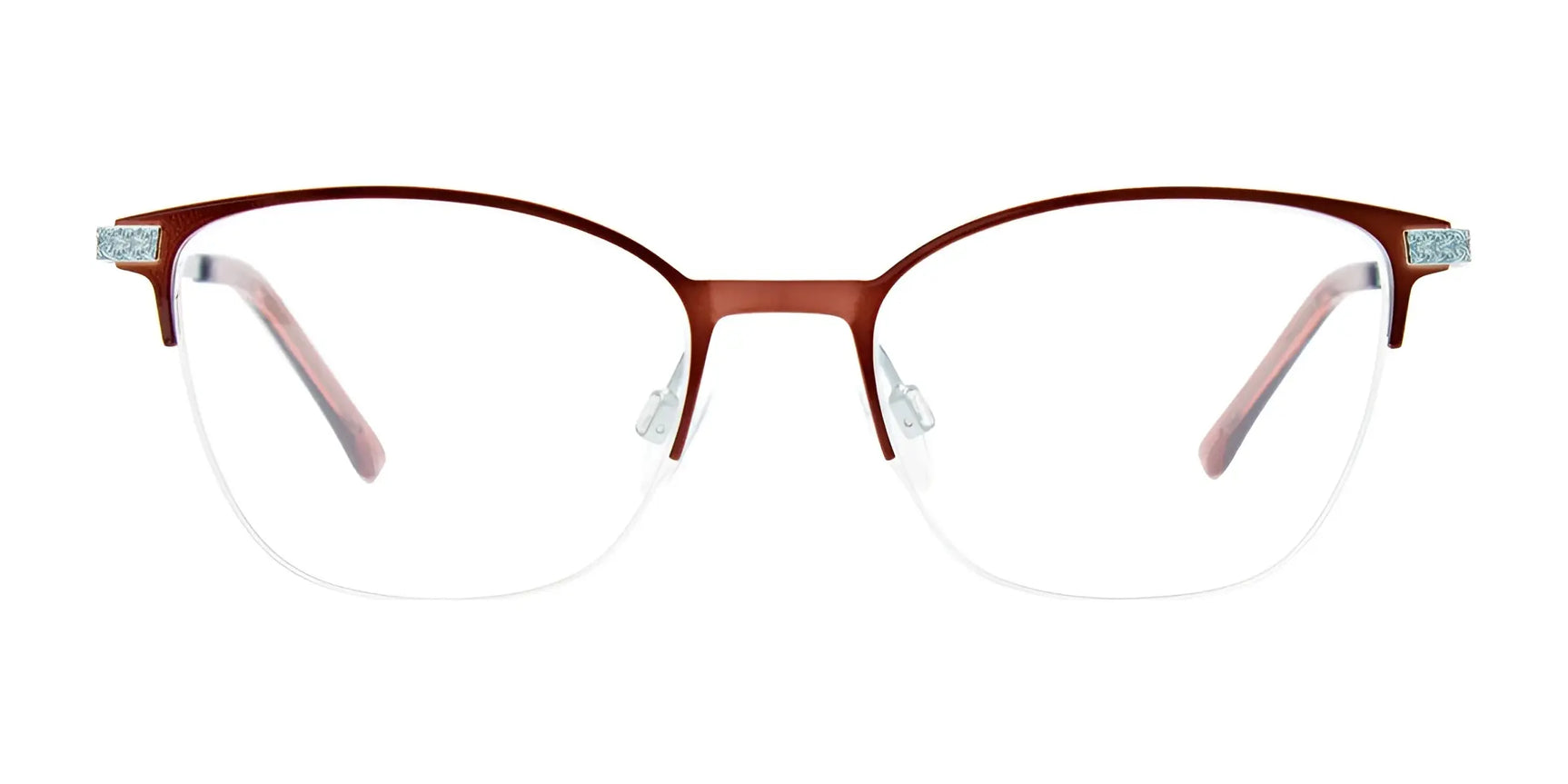 EasyClip EC605 Eyeglasses with Clip-on Sunglasses | Size 49 by EasyClip feature a brown semi-rimless metal frame, clear prescription lenses, UV protection, and nose pads, shown on a white background. EasyClip EC605 Eyeglasses with Clip-on Sunglasses | Size 49 by EasyClip feature a brown semi-rimless metal frame, clear prescription lenses, UV protection, and nose pads, shown on a white background.