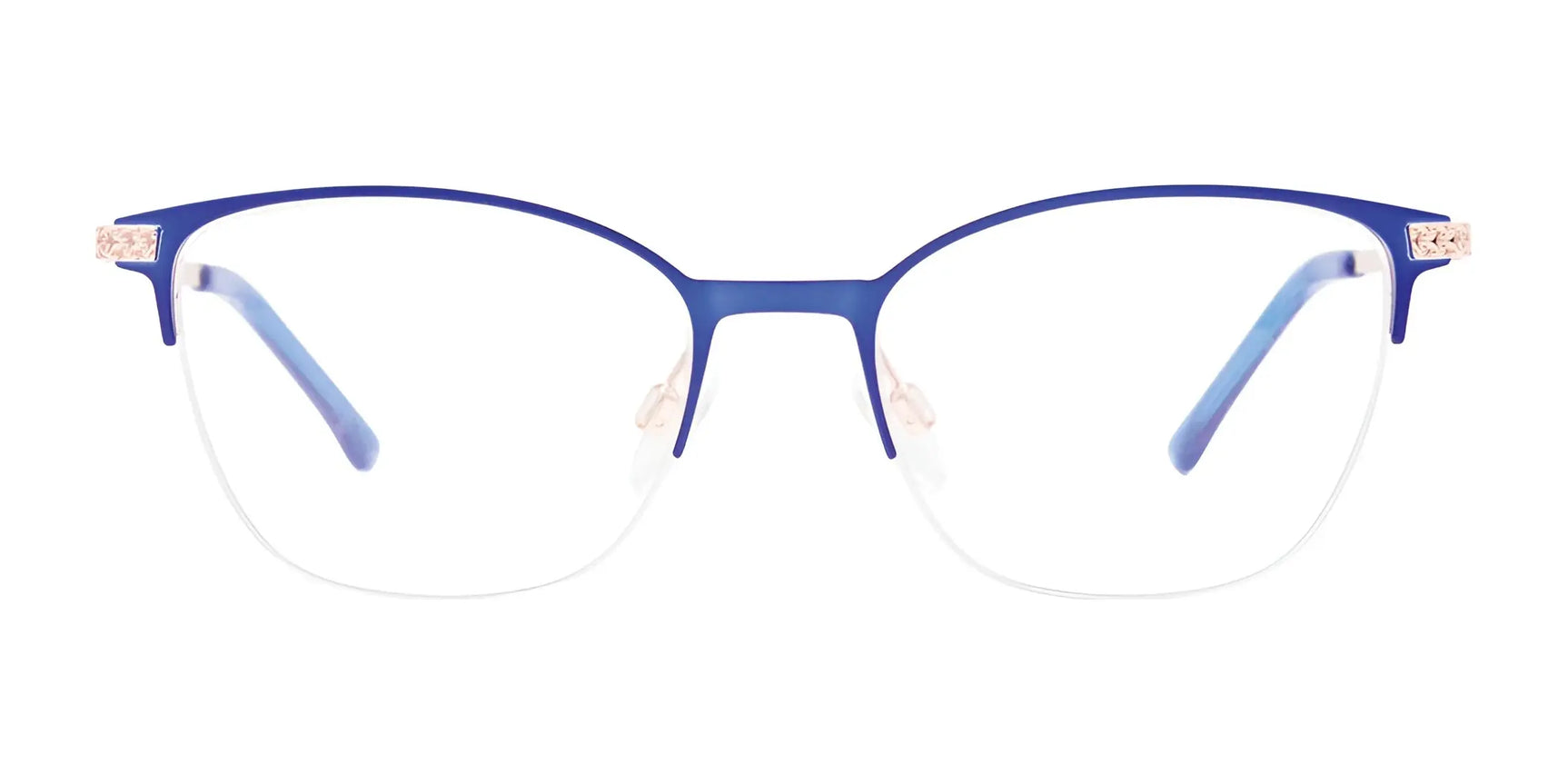 EasyClip EC605 Eyeglasses with clip-on sunglasses, size 49, feature a blue semi-rimless frame, gold temple accents, and clear prescription lenses for stylish UV protection. Brand: EasyClip. EasyClip EC605 Eyeglasses with clip-on sunglasses, size 49, feature a blue semi-rimless frame, gold temple accents, and clear prescription lenses for stylish UV protection. Brand: EasyClip.