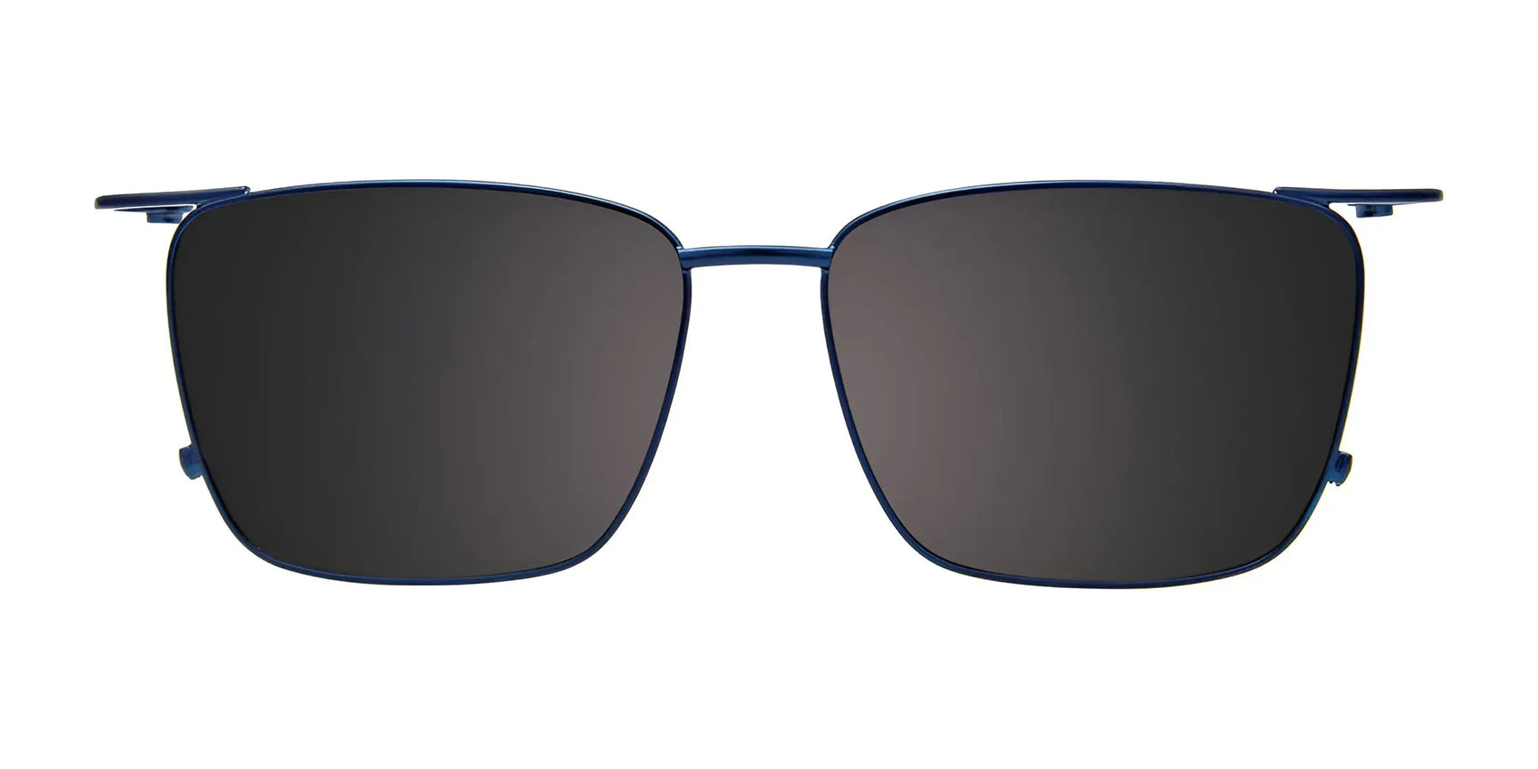 EasyClip EC606 Eyeglasses with Clip-on Sunglasses in size 54 by EasyClip feature a thin blue rectangular metal frame and dark polarized clip-on lenses, shown on a white background. EasyClip EC606 Eyeglasses with Clip-on Sunglasses in size 54 by EasyClip feature a thin blue rectangular metal frame and dark polarized clip-on lenses, shown on a white background.