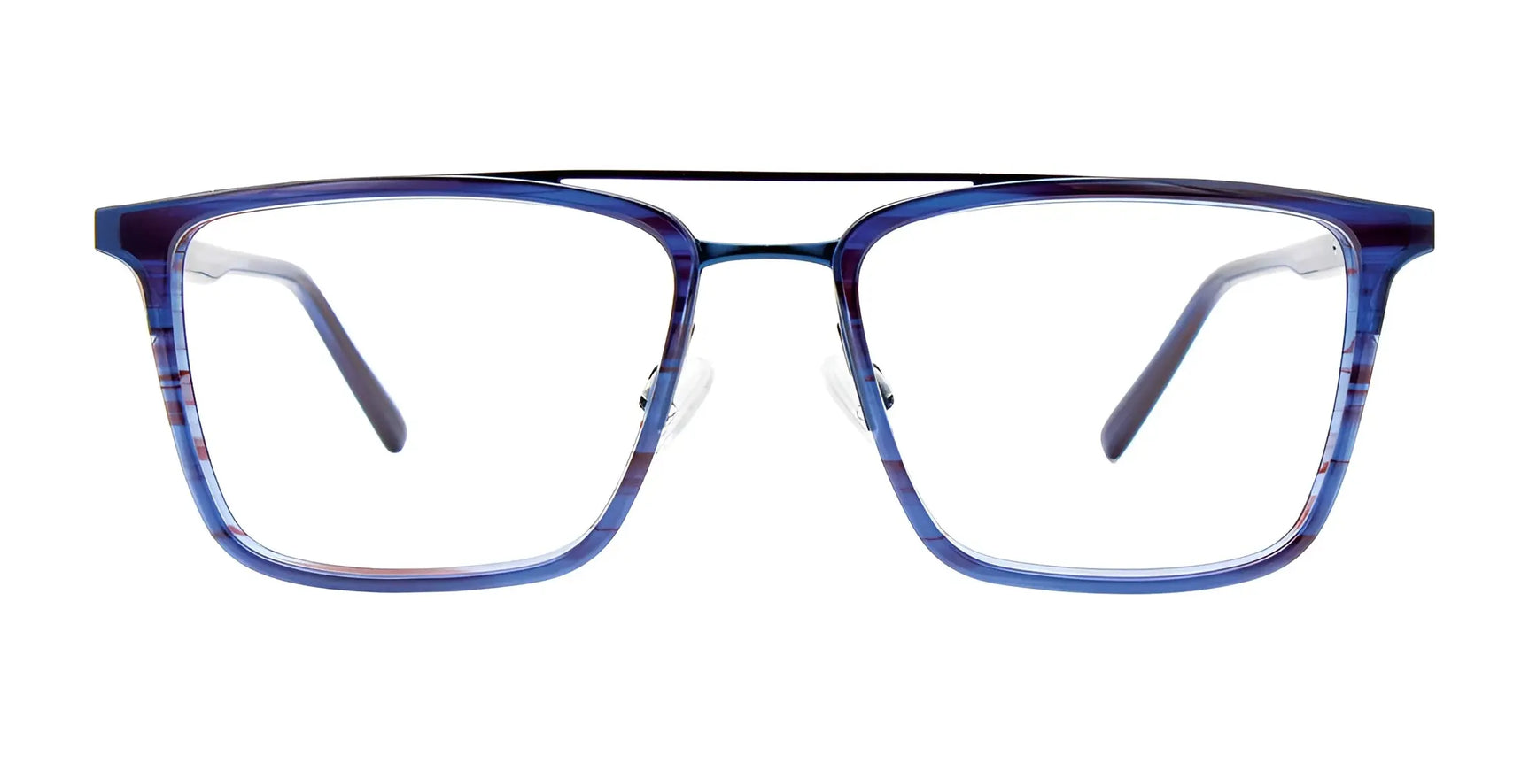 EasyClip EC606 Eyeglasses with Clip-on Sunglasses, Size 54, feature a blue rectangular frame, clear lenses, and a thin black top bar on a white background. Includes polarized clip-on sunglasses for added versatility. EasyClip EC606 Eyeglasses with Clip-on Sunglasses, Size 54, feature a blue rectangular frame, clear lenses, and a thin black top bar on a white background. Includes polarized clip-on sunglasses for added versatility.