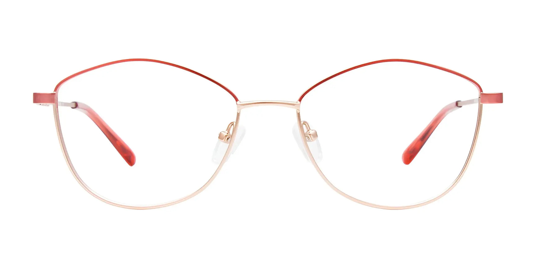 EasyClip EC608 Eyeglasses by EasyClip in gold wireframe with red accents on the top rim and temple tips, shown on a white background. Includes a clip-on polarized sunglasses option for versatile wear. Size 53. EasyClip EC608 Eyeglasses by EasyClip in gold wireframe with red accents on the top rim and temple tips, shown on a white background. Includes a clip-on polarized sunglasses option for versatile wear. Size 53.