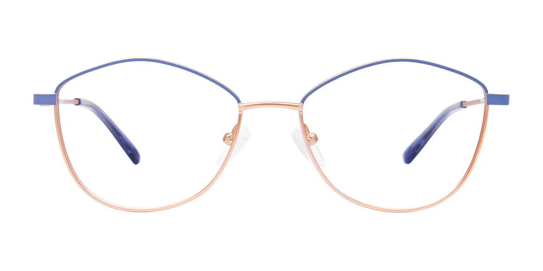 EasyClip EC608 Eyeglasses by EasyClip feature gold metal frames with blue temple tips and a blue top rim accent. Compatible with polarized clip-on sunglasses for easy transitions, shown on a white background. Size 53. EasyClip EC608 Eyeglasses by EasyClip feature gold metal frames with blue temple tips and a blue top rim accent. Compatible with polarized clip-on sunglasses for easy transitions, shown on a white background. Size 53.