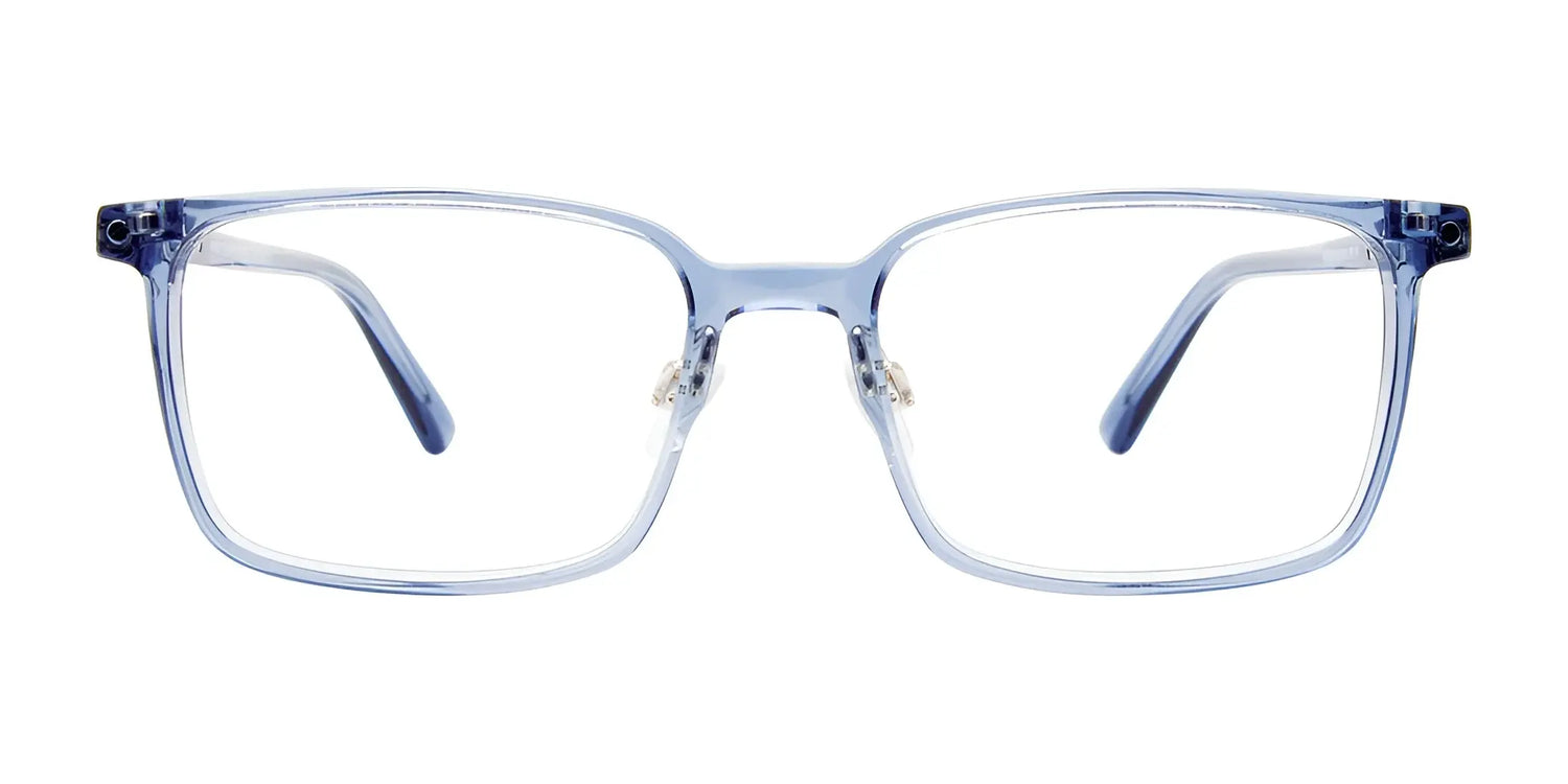 EasyClip EC609 blue rectangular eyeglasses with transparent frames and clip-on sunglasses, size 55, shown on a white background. EasyClip EC609 blue rectangular eyeglasses with transparent frames and clip-on sunglasses, size 55, shown on a white background.
