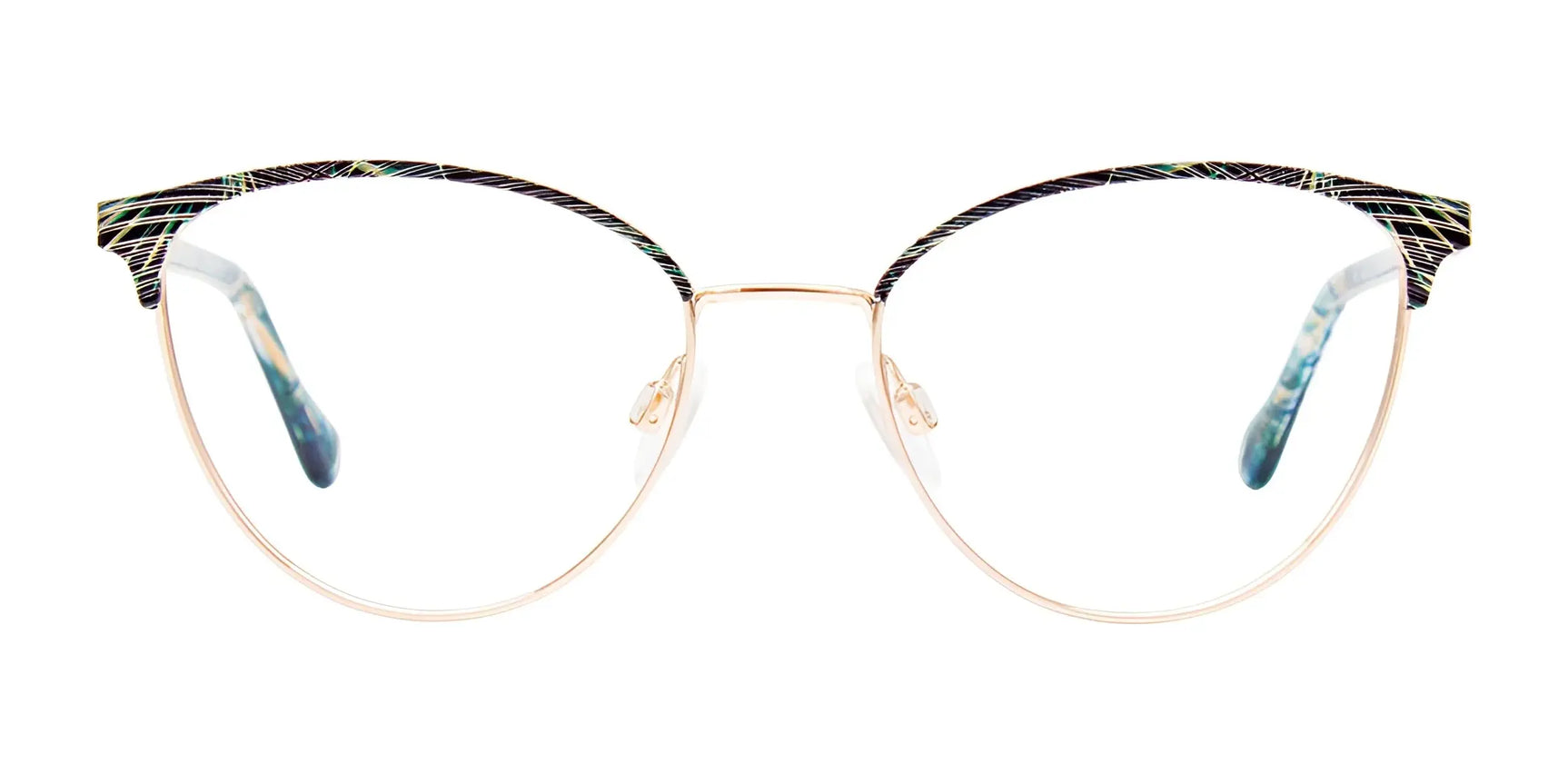 EasyClip EC610 Eyeglasses by EasyClip feature cat-eye gold frames with black patterned upper rims and come with clip-on sunglasses, shown on a white background. Size 50. EasyClip EC610 Eyeglasses by EasyClip feature cat-eye gold frames with black patterned upper rims and come with clip-on sunglasses, shown on a white background. Size 50.