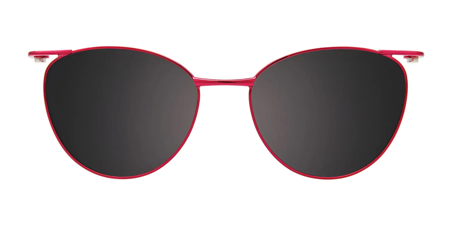 EasyClip EC610 Eyeglasses with red frames and round clip-on dark sunglasses, Size 50, by EasyClip, displayed on a white background. EasyClip EC610 Eyeglasses with red frames and round clip-on dark sunglasses, Size 50, by EasyClip, displayed on a white background.