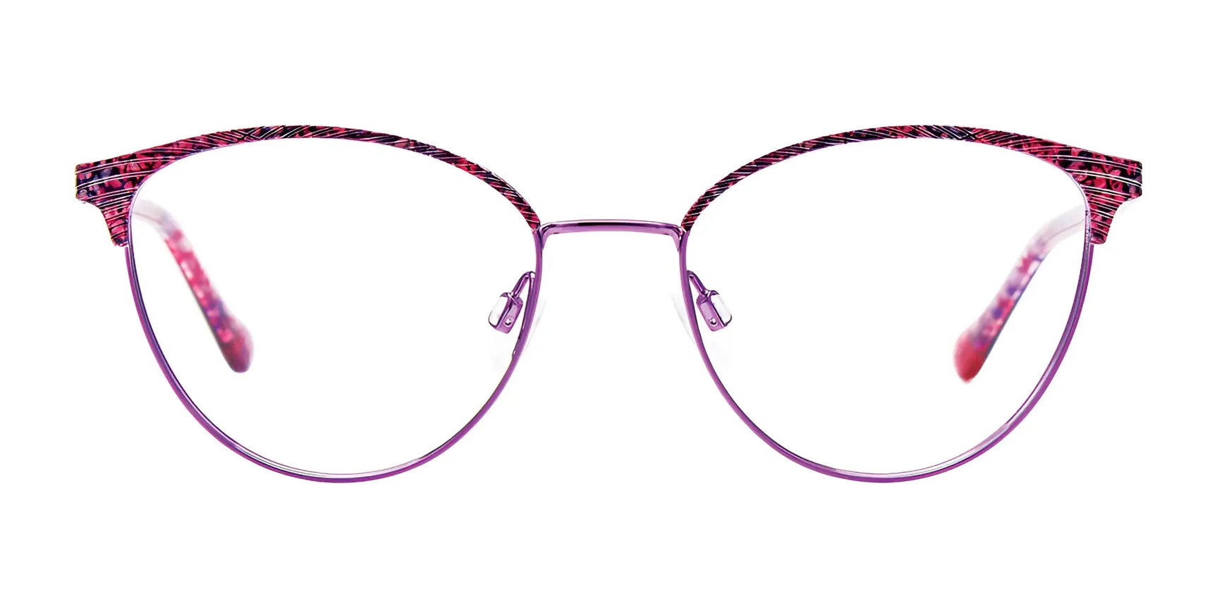 The EasyClip EC610 Eyeglasses by EasyClip feature a purple cat-eye frame with red and black accents, shown on a white background. Size 50. Includes convenient clip-on sunglasses for versatile wear. The EasyClip EC610 Eyeglasses by EasyClip feature a purple cat-eye frame with red and black accents, shown on a white background. Size 50. Includes convenient clip-on sunglasses for versatile wear.