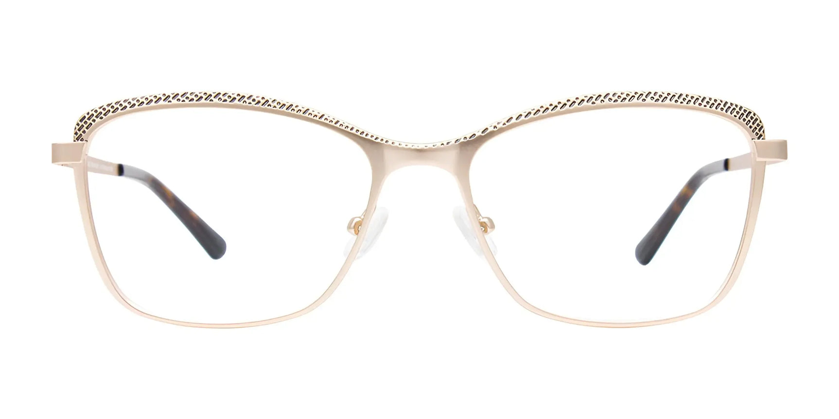 The EasyClip EC615 Eyeglasses by EasyClip feature gold metal frames with a subtle cat-eye shape and decorative top edge, and come with clip-on sunglasses for added convenience. The EasyClip EC615 Eyeglasses by EasyClip feature gold metal frames with a subtle cat-eye shape and decorative top edge, and come with clip-on sunglasses for added convenience.
