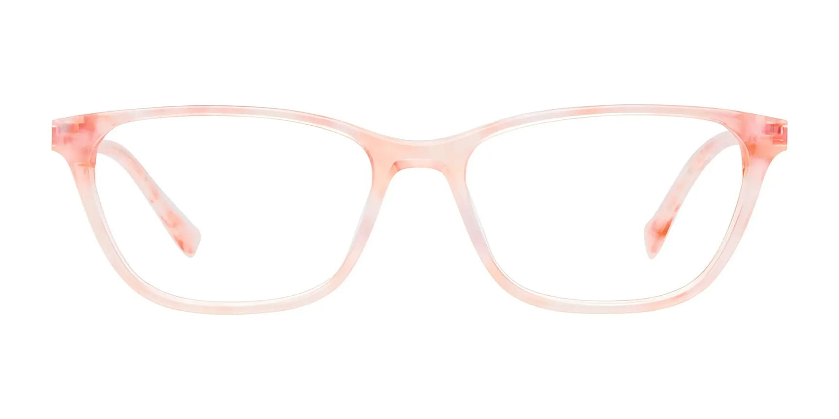 EasyClip EC618 Eyeglasses with Clip-on Sunglasses, size 53, feature a clear pink rectangular translucent frame and are shown from the front on a white background. EasyClip EC618 Eyeglasses with Clip-on Sunglasses, size 53, feature a clear pink rectangular translucent frame and are shown from the front on a white background.