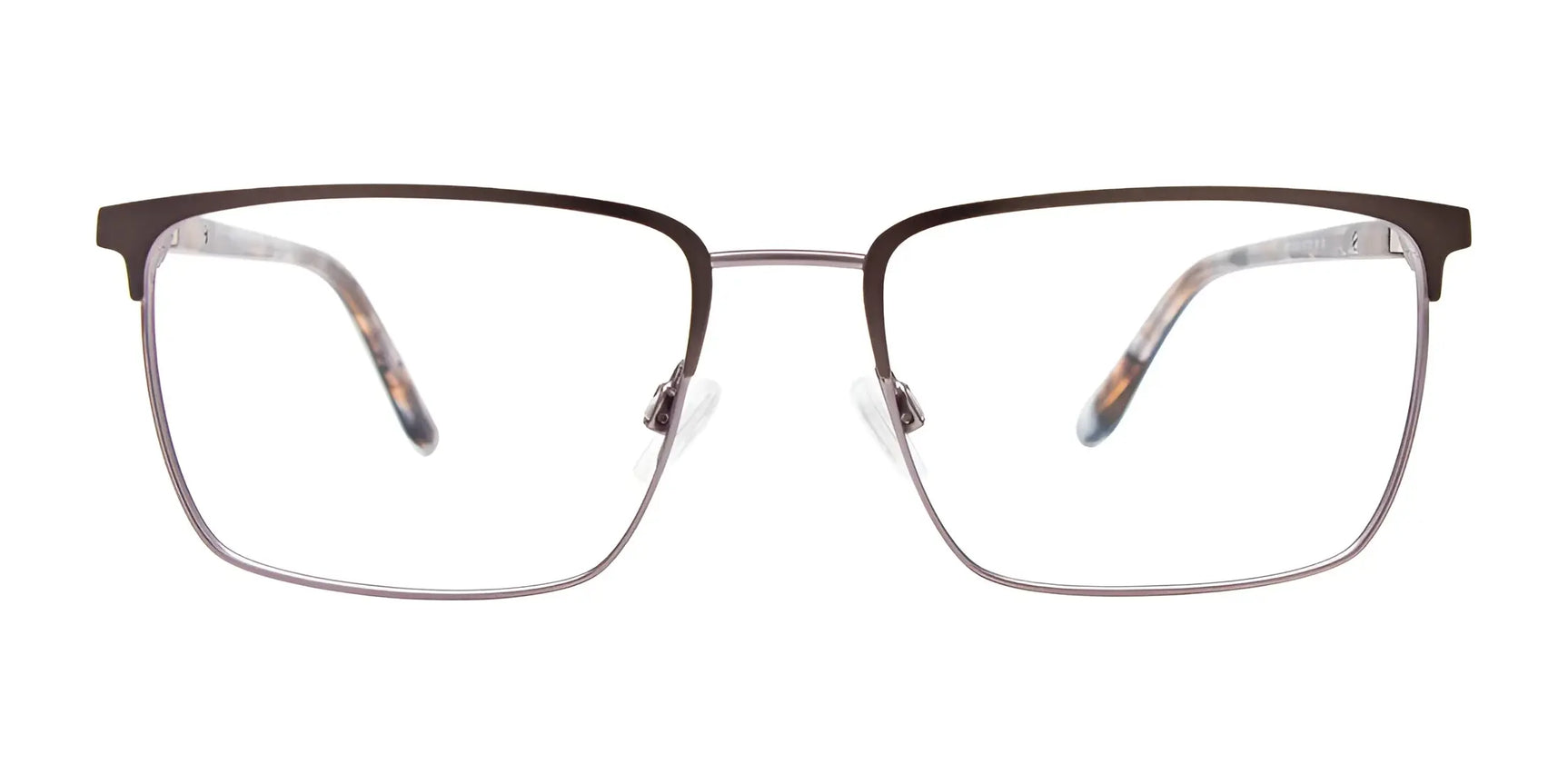 EasyClip EC621 rectangular brown metal eyeglasses, size 55, with clear lenses and included clip-on sunglasses by EasyClip, shown from the front on a white background. EasyClip EC621 rectangular brown metal eyeglasses, size 55, with clear lenses and included clip-on sunglasses by EasyClip, shown from the front on a white background.