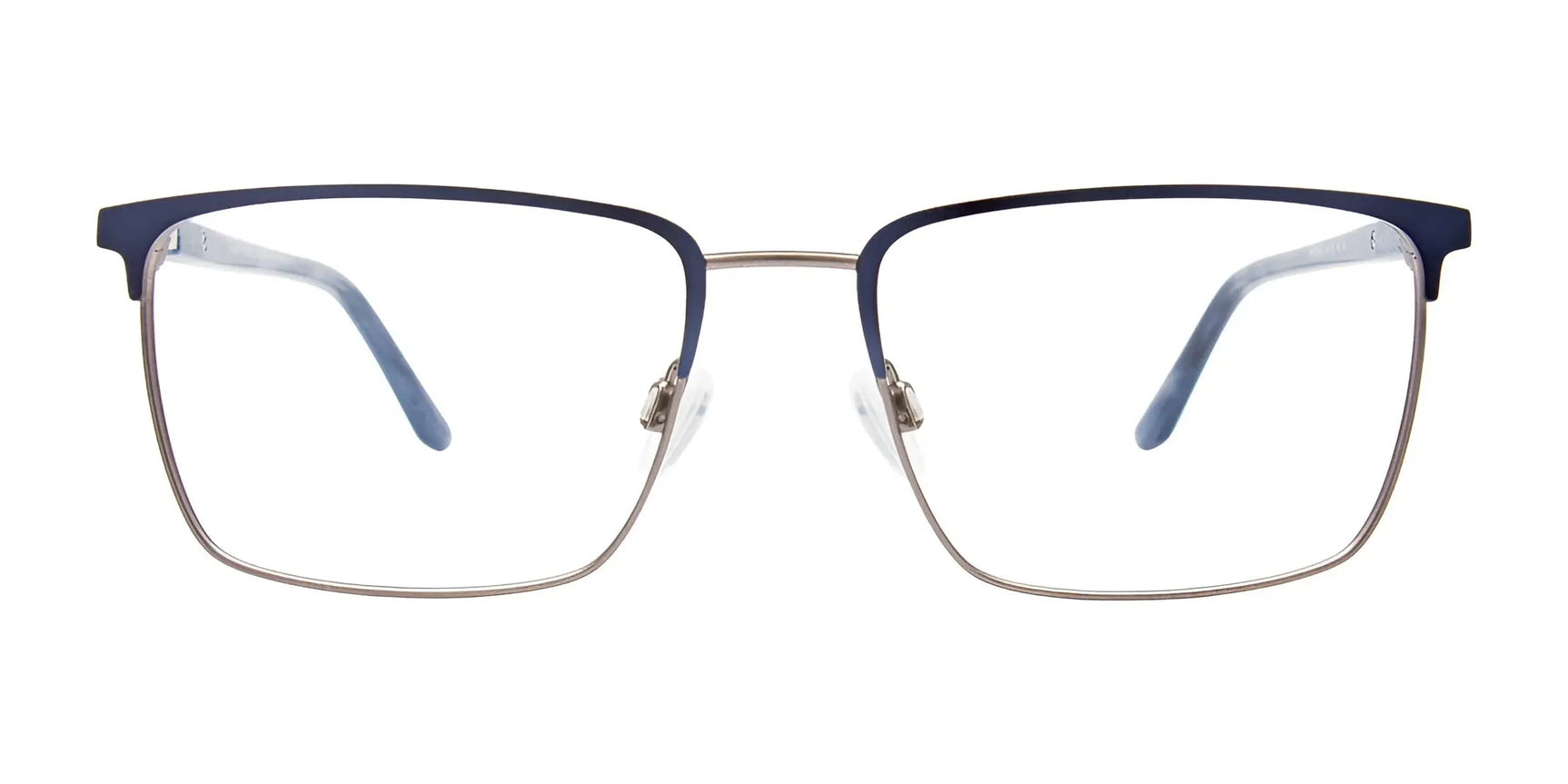 EasyClip EC621 Eyeglasses by EasyClip, shown in size 55, feature thin blue upper rims and silver lower rims. Includes clip-on sunglasses for versatile wear. Displayed on a white background. EasyClip EC621 Eyeglasses by EasyClip, shown in size 55, feature thin blue upper rims and silver lower rims. Includes clip-on sunglasses for versatile wear. Displayed on a white background.