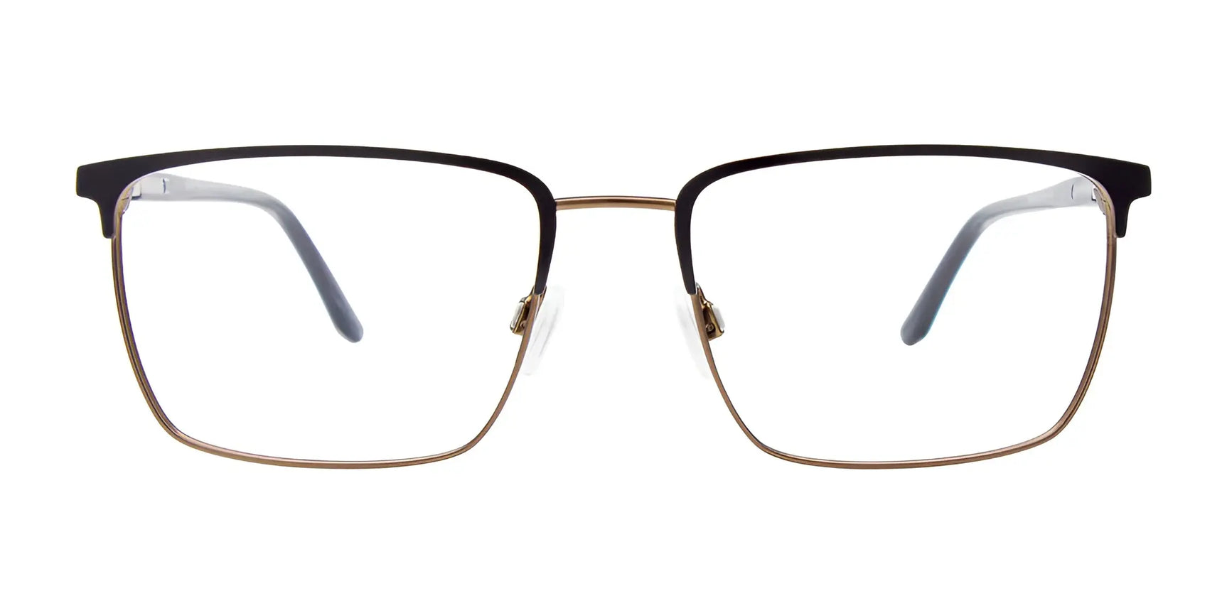 EasyClip EC621 Eyeglasses by EasyClip feature black and gold rectangular thin metal frames with clear nose pads and come with clip-on polarized sunglasses, shown on a white background. Size 55. EasyClip EC621 Eyeglasses by EasyClip feature black and gold rectangular thin metal frames with clear nose pads and come with clip-on polarized sunglasses, shown on a white background. Size 55.