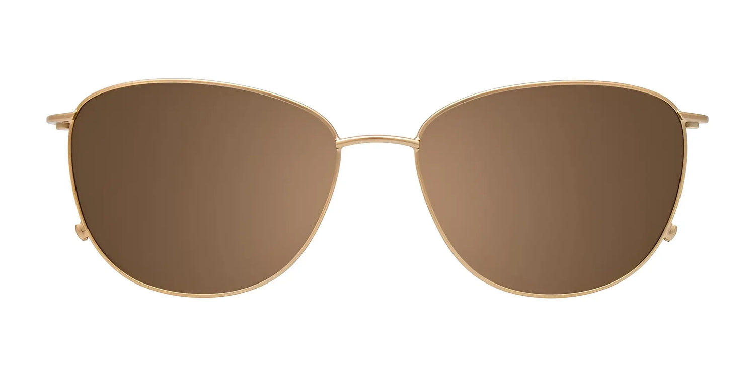 EasyClip EC624 eyeglasses with gold frames feature a cat-eye shape and come with clip-on polarized brown-lens sunglasses, shown on a white background. EasyClip EC624 eyeglasses with gold frames feature a cat-eye shape and come with clip-on polarized brown-lens sunglasses, shown on a white background.