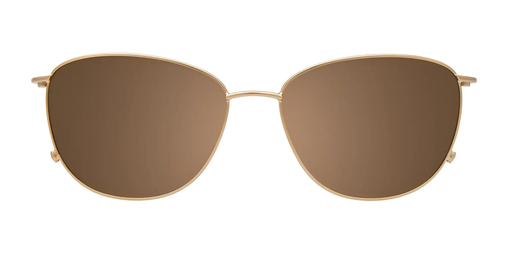 EasyClip EC624 eyeglasses with gold frames feature a cat-eye shape and come with clip-on polarized brown-lens sunglasses, shown on a white background. EasyClip EC624 eyeglasses with gold frames feature a cat-eye shape and come with clip-on polarized brown-lens sunglasses, shown on a white background.