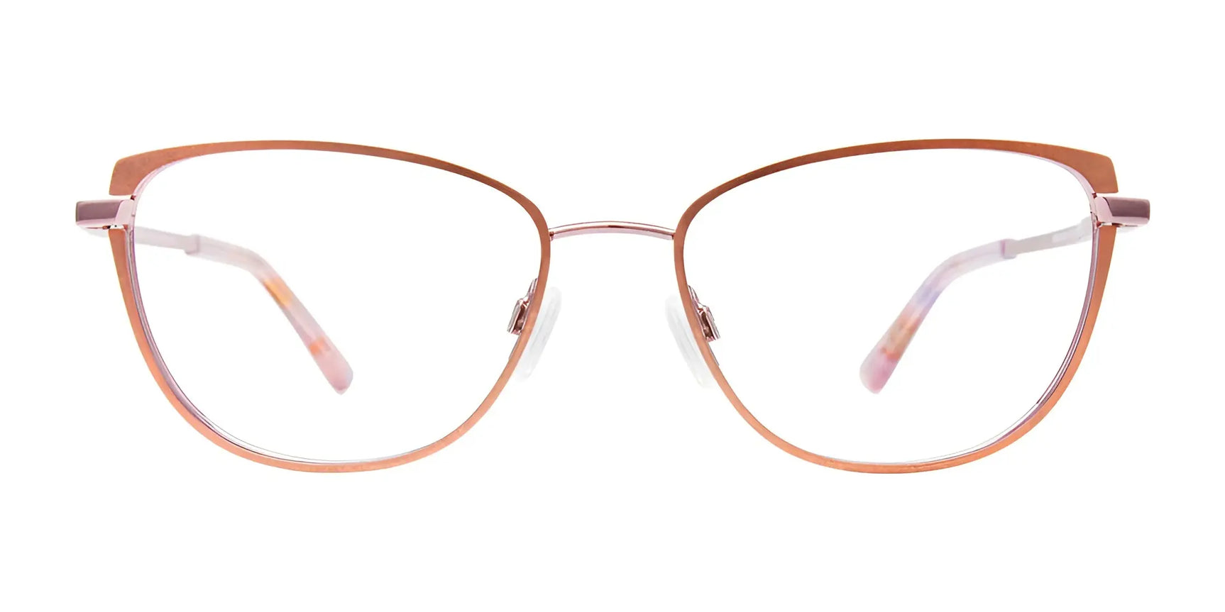 EasyClip EC624 Eyeglasses in rose gold cat-eye style with clear lenses and pink gradient temples, shown on a white background. Includes magnetic clip-on sunglasses for added style and convenience. Brand: EasyClip, Size: 53. EasyClip EC624 Eyeglasses in rose gold cat-eye style with clear lenses and pink gradient temples, shown on a white background. Includes magnetic clip-on sunglasses for added style and convenience. Brand: EasyClip, Size: 53.