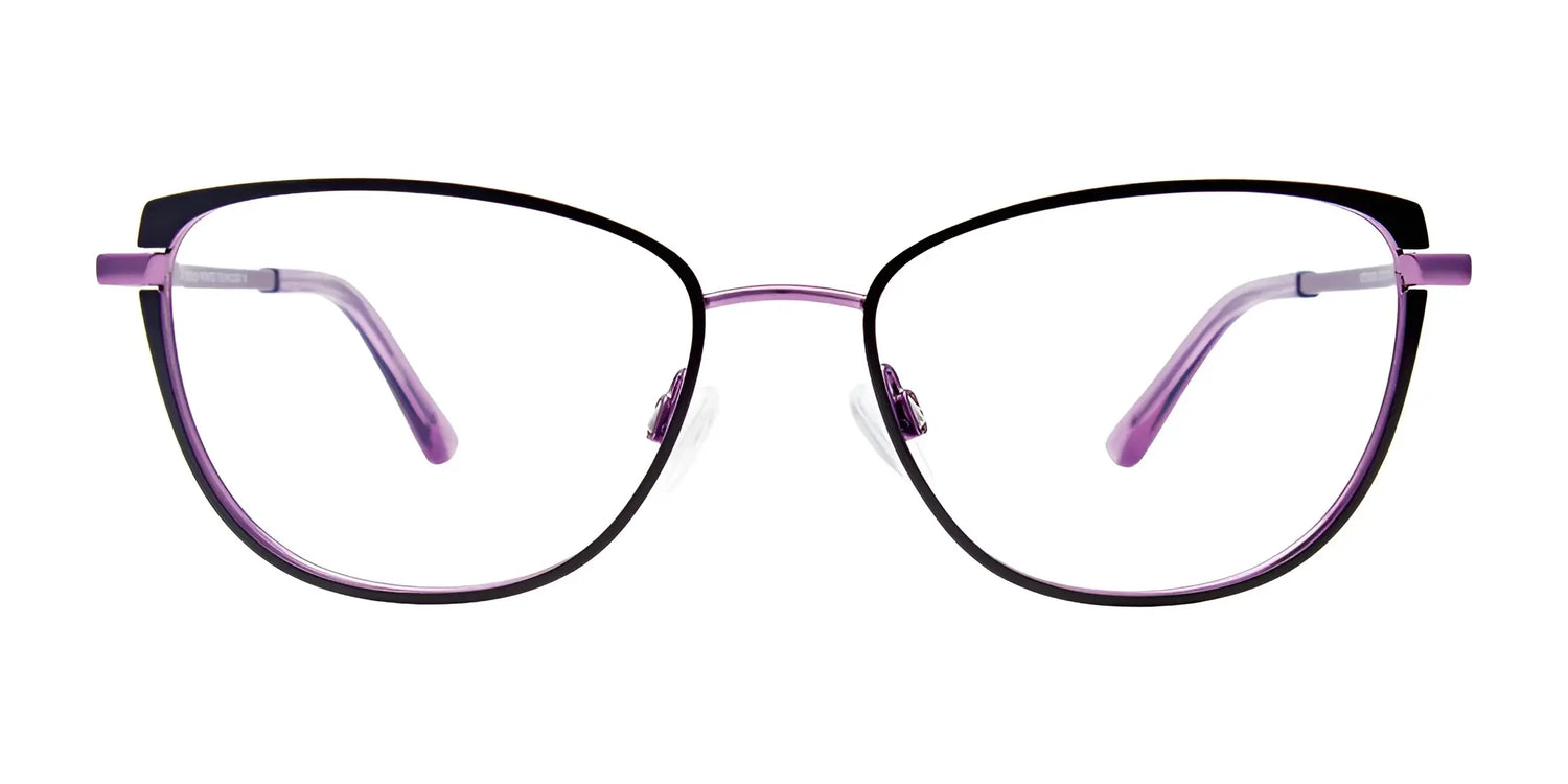 The EasyClip EC624 Eyeglasses by EasyClip feature purple cat-eye thin metal frames with clear lenses, shown from the front. They easily convert into clip-on sunglasses for added convenience. Size 53. The EasyClip EC624 Eyeglasses by EasyClip feature purple cat-eye thin metal frames with clear lenses, shown from the front. They easily convert into clip-on sunglasses for added convenience. Size 53.