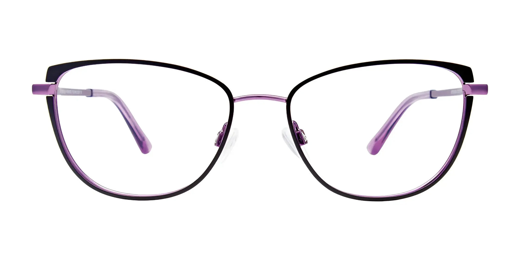 The EasyClip EC624 Eyeglasses by EasyClip feature purple cat-eye thin metal frames with clear lenses, shown from the front. They easily convert into clip-on sunglasses for added convenience. Size 53. The EasyClip EC624 Eyeglasses by EasyClip feature purple cat-eye thin metal frames with clear lenses, shown from the front. They easily convert into clip-on sunglasses for added convenience. Size 53.