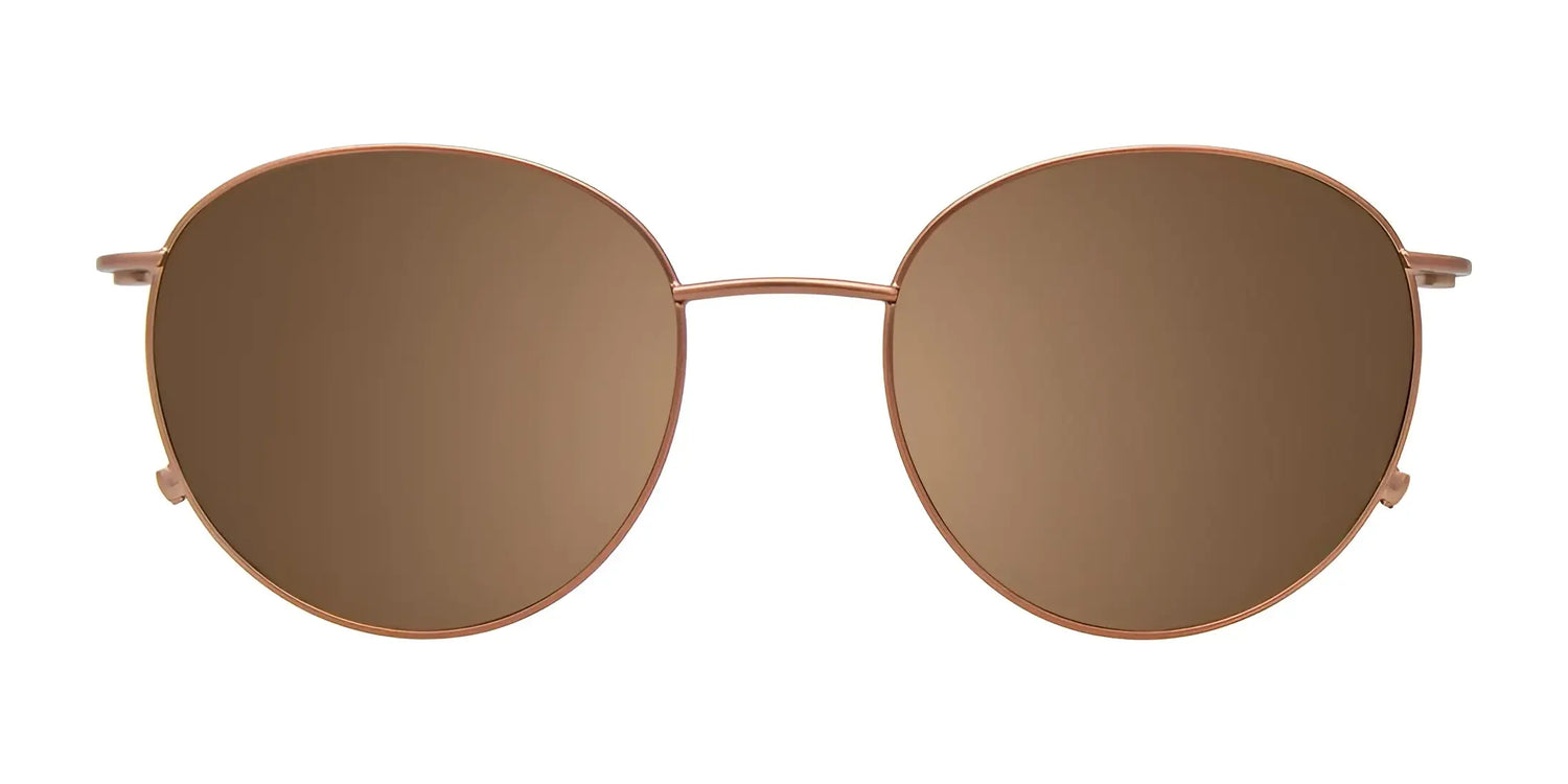 The EasyClip EC625 Eyeglasses by EasyClip feature a thin metallic frame and round, brown clip-on sunglasses for added versatility, shown on a white background. Size 51. The EasyClip EC625 Eyeglasses by EasyClip feature a thin metallic frame and round, brown clip-on sunglasses for added versatility, shown on a white background. Size 51.