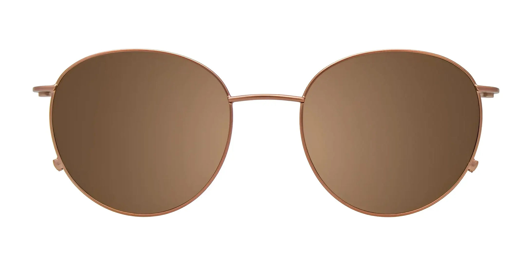 The EasyClip EC625 Eyeglasses by EasyClip feature a thin metallic frame and round, brown clip-on sunglasses for added versatility, shown on a white background. Size 51. The EasyClip EC625 Eyeglasses by EasyClip feature a thin metallic frame and round, brown clip-on sunglasses for added versatility, shown on a white background. Size 51.