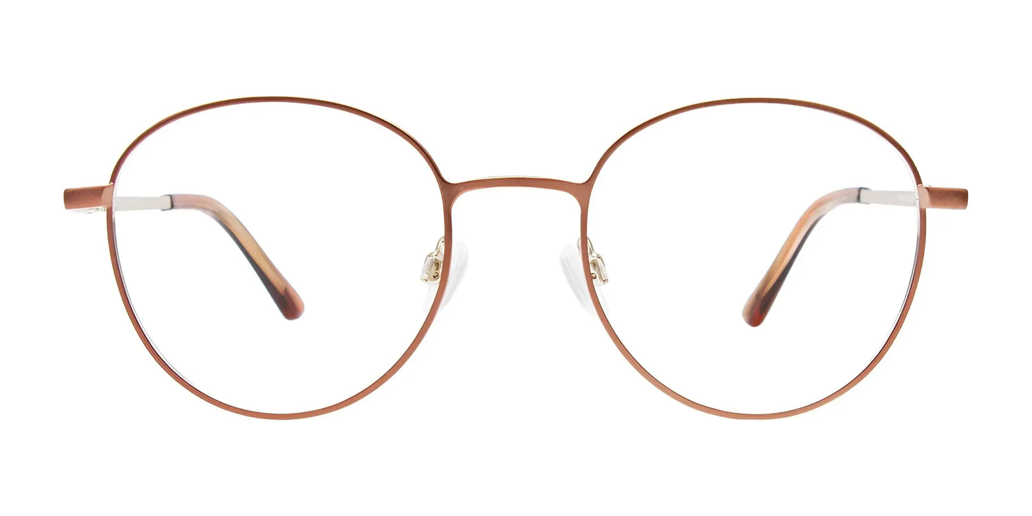 Round, thin, brown metal EasyClip EC625 Eyeglasses by EasyClip (Size 51) with clear lenses and a convenient polarized clip-on sunglasses feature, shown on a white background. Round, thin, brown metal EasyClip EC625 Eyeglasses by EasyClip (Size 51) with clear lenses and a convenient polarized clip-on sunglasses feature, shown on a white background.