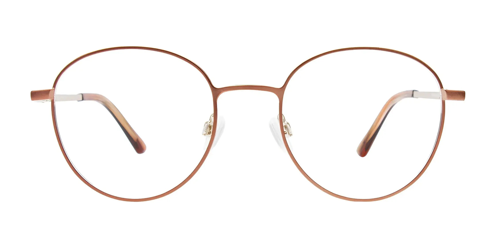 Round, thin, brown metal EasyClip EC625 Eyeglasses by EasyClip (Size 51) with clear lenses and a convenient polarized clip-on sunglasses feature, shown on a white background. Round, thin, brown metal EasyClip EC625 Eyeglasses by EasyClip (Size 51) with clear lenses and a convenient polarized clip-on sunglasses feature, shown on a white background.